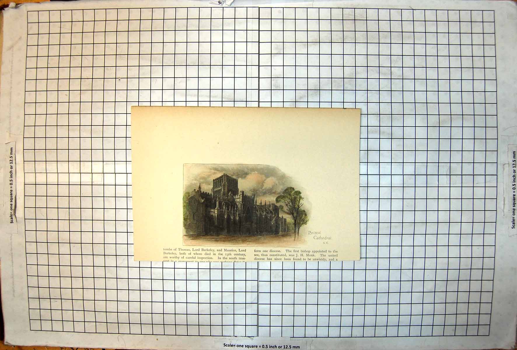 Antique Old Print Bristol Cathedral NE Atmospheric Sky Towers Trees Roadside