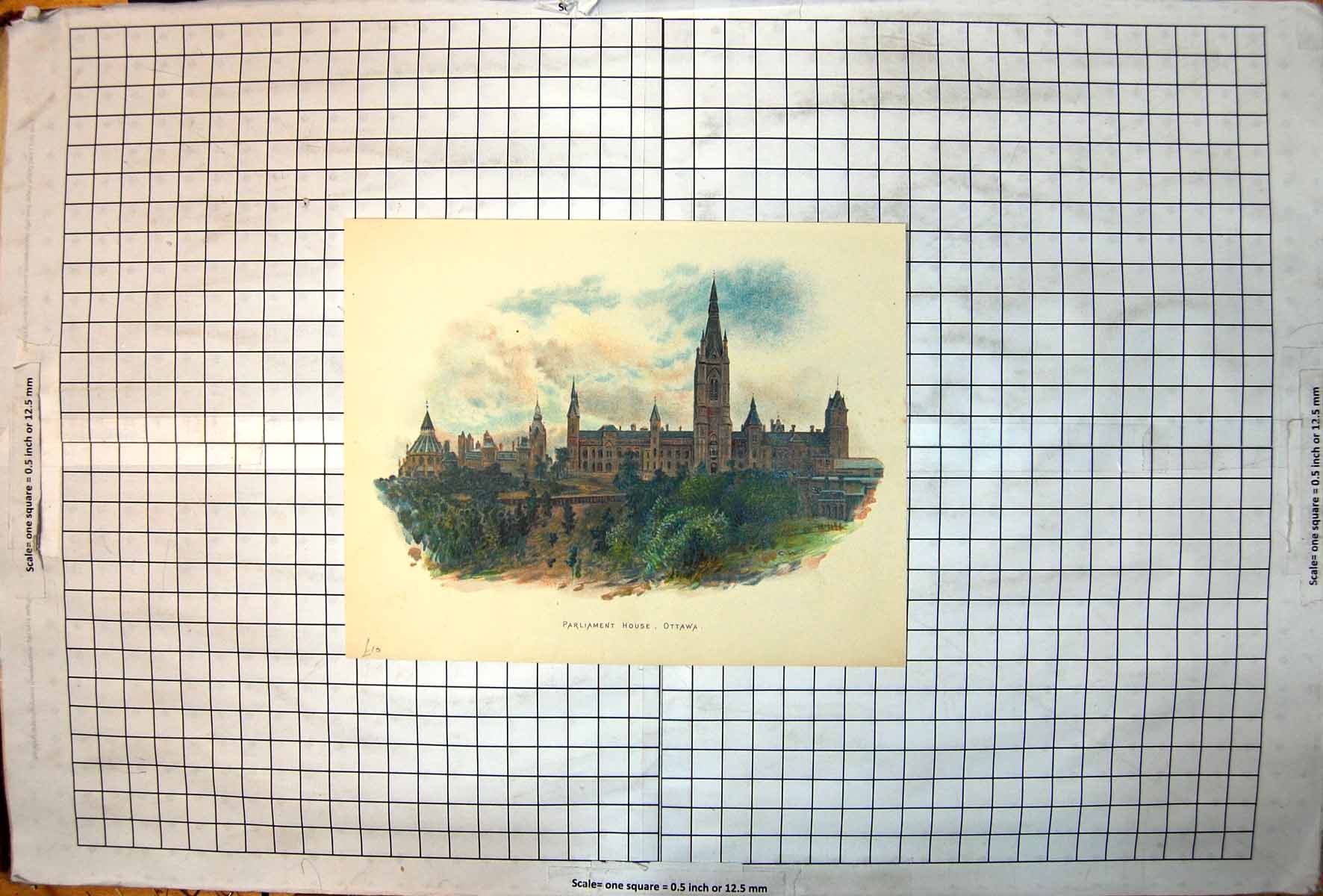Antique Old Print Parliament House Ottawa Buildings Towers Trees Shrubbery
