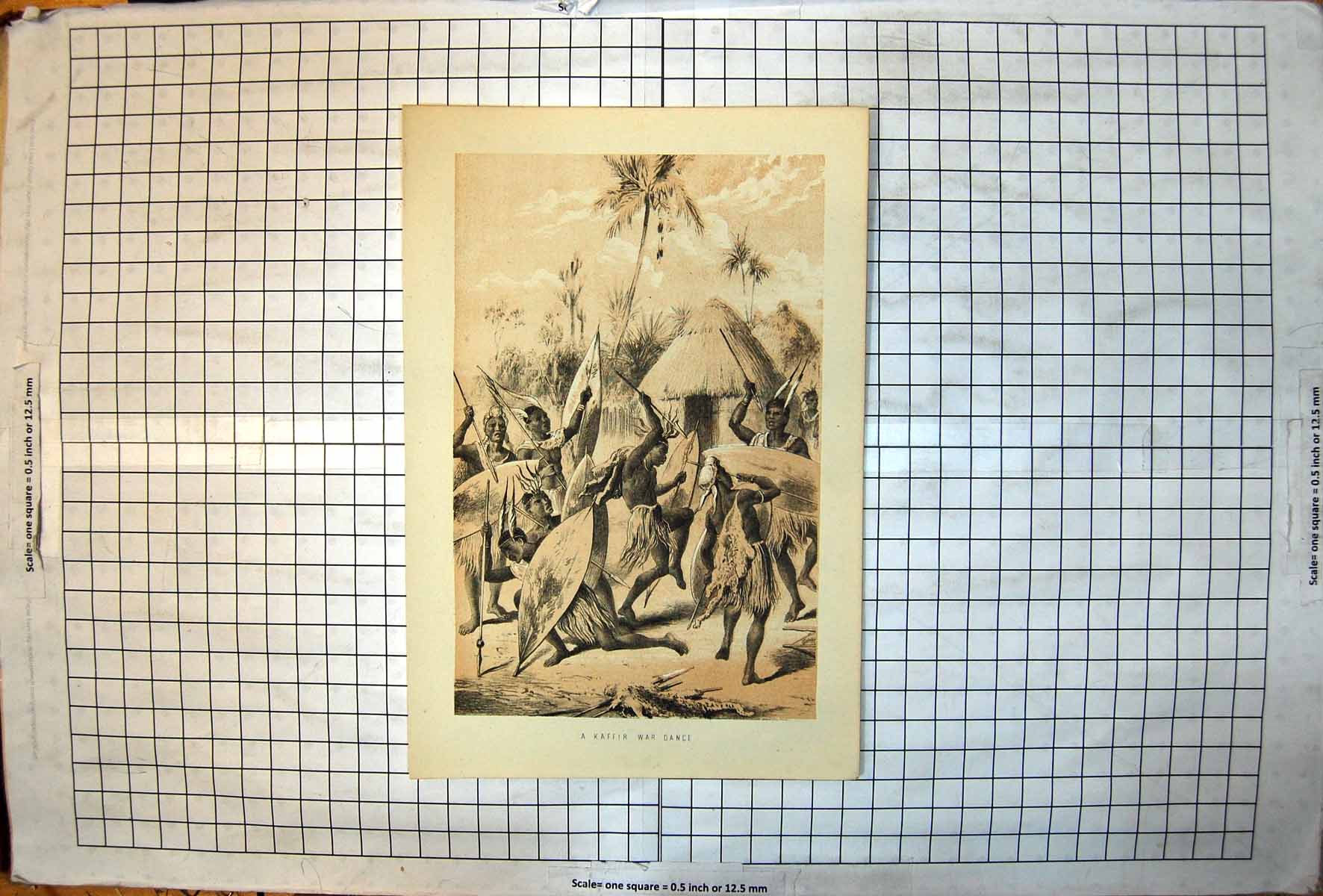 Antique Old Print Kaffir War Dance Spears Shields Feathered Headbands Huts