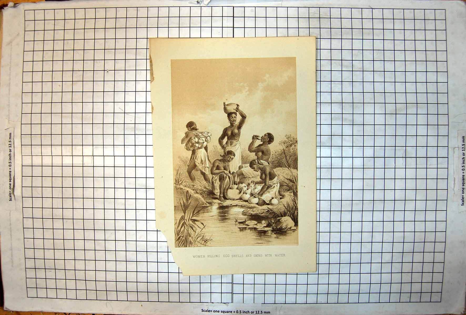 Old Print African Women Filling Eggshells And Skins With Water String Bag