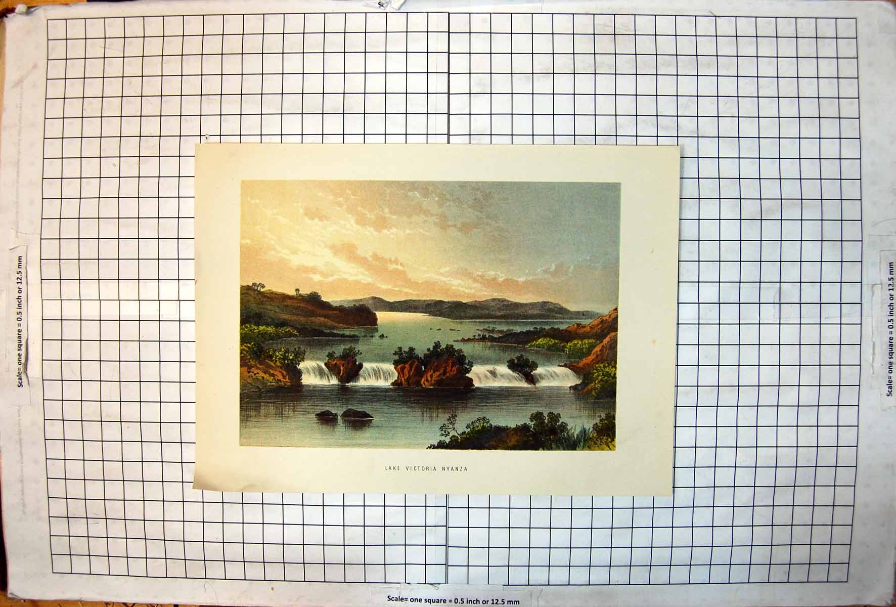Antique Old Print Lake Victoria Nyanza Pale Lighting Colour Waterfall Rocks
