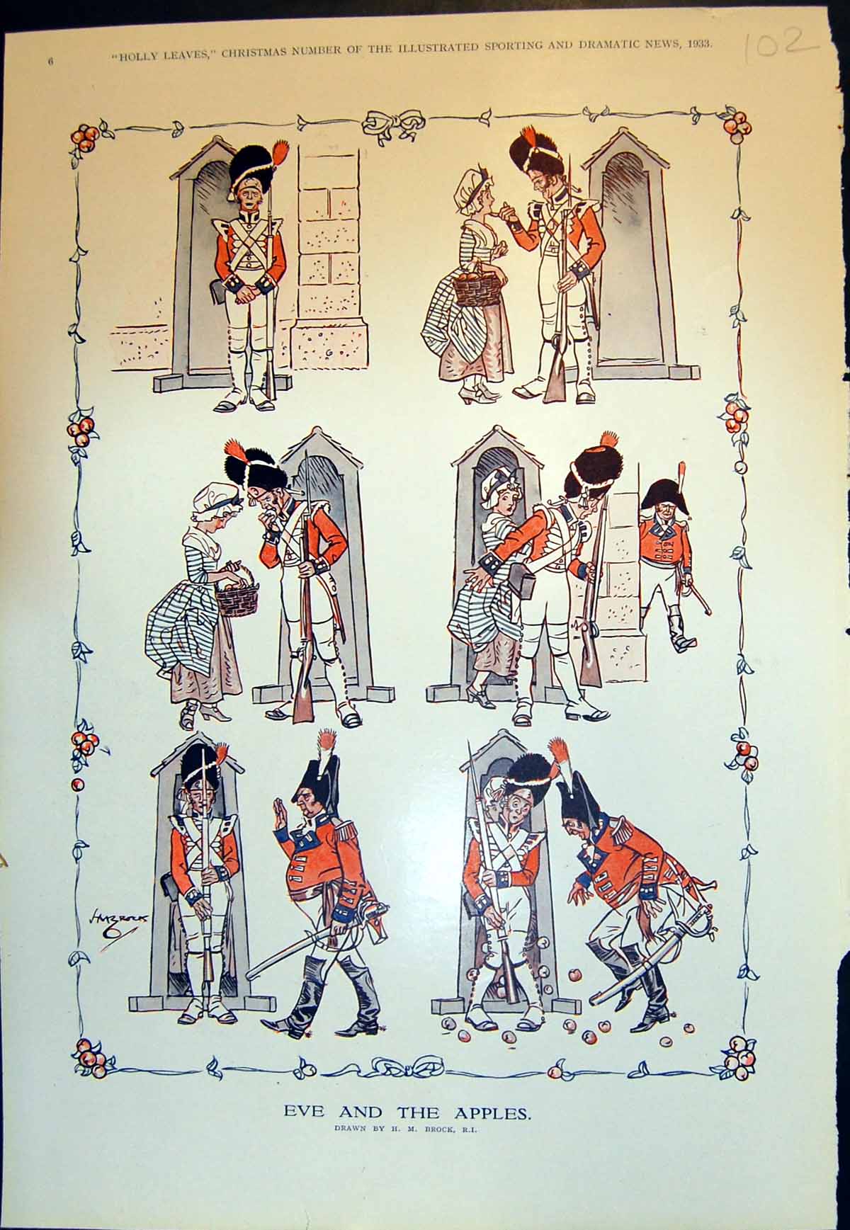 Old Vintage Print Holly Leaves Eve And Apples H M Brock Sier Guard 1933 20th