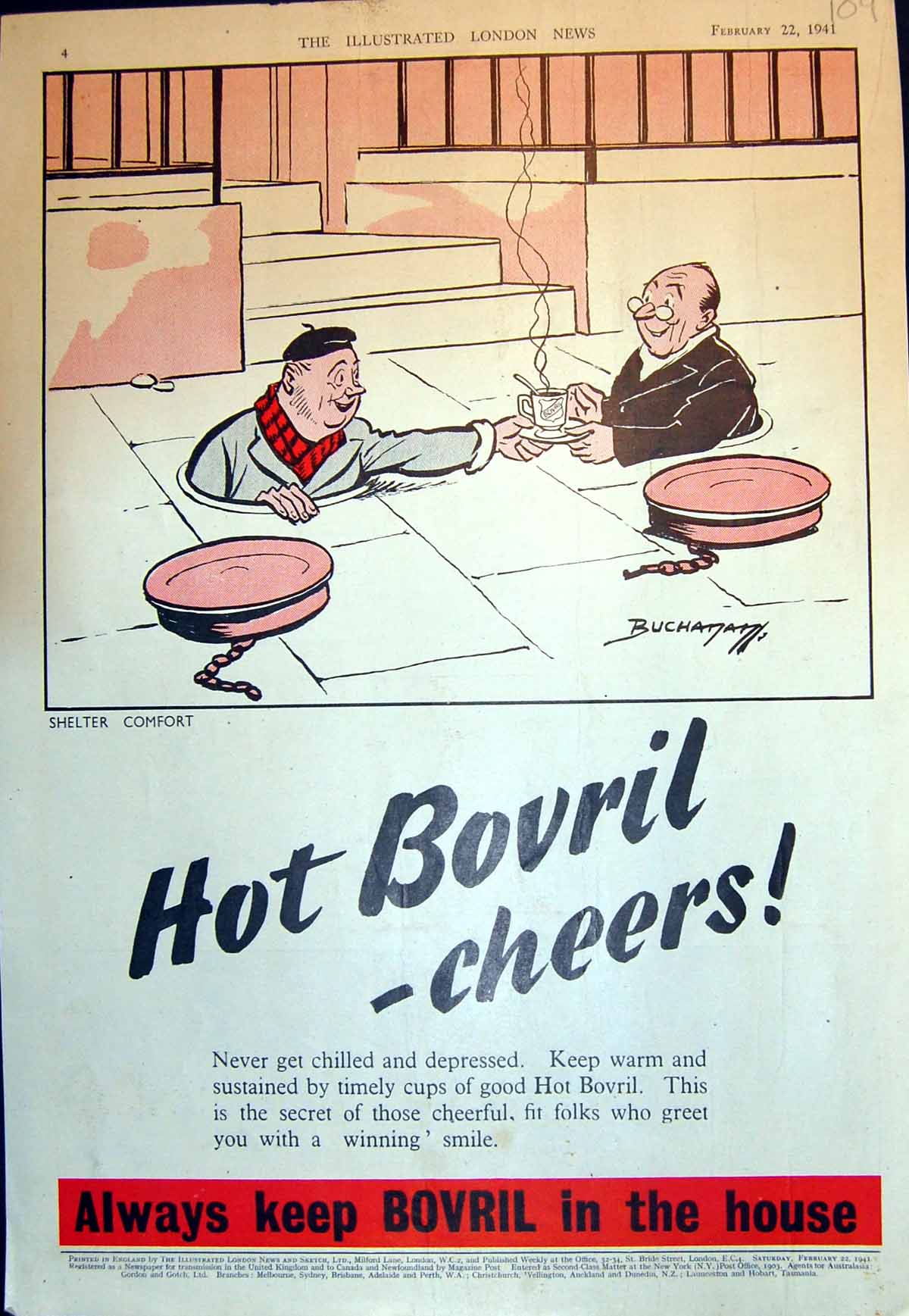 Antique Old Print Advert Hot Bovril Shelter Comfort Always Keep In House 1941