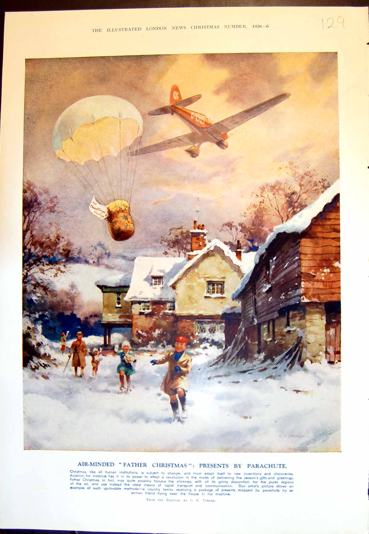 Antique Print Air Minded Father Christmas Presents Parachute C Turner 1938 20th