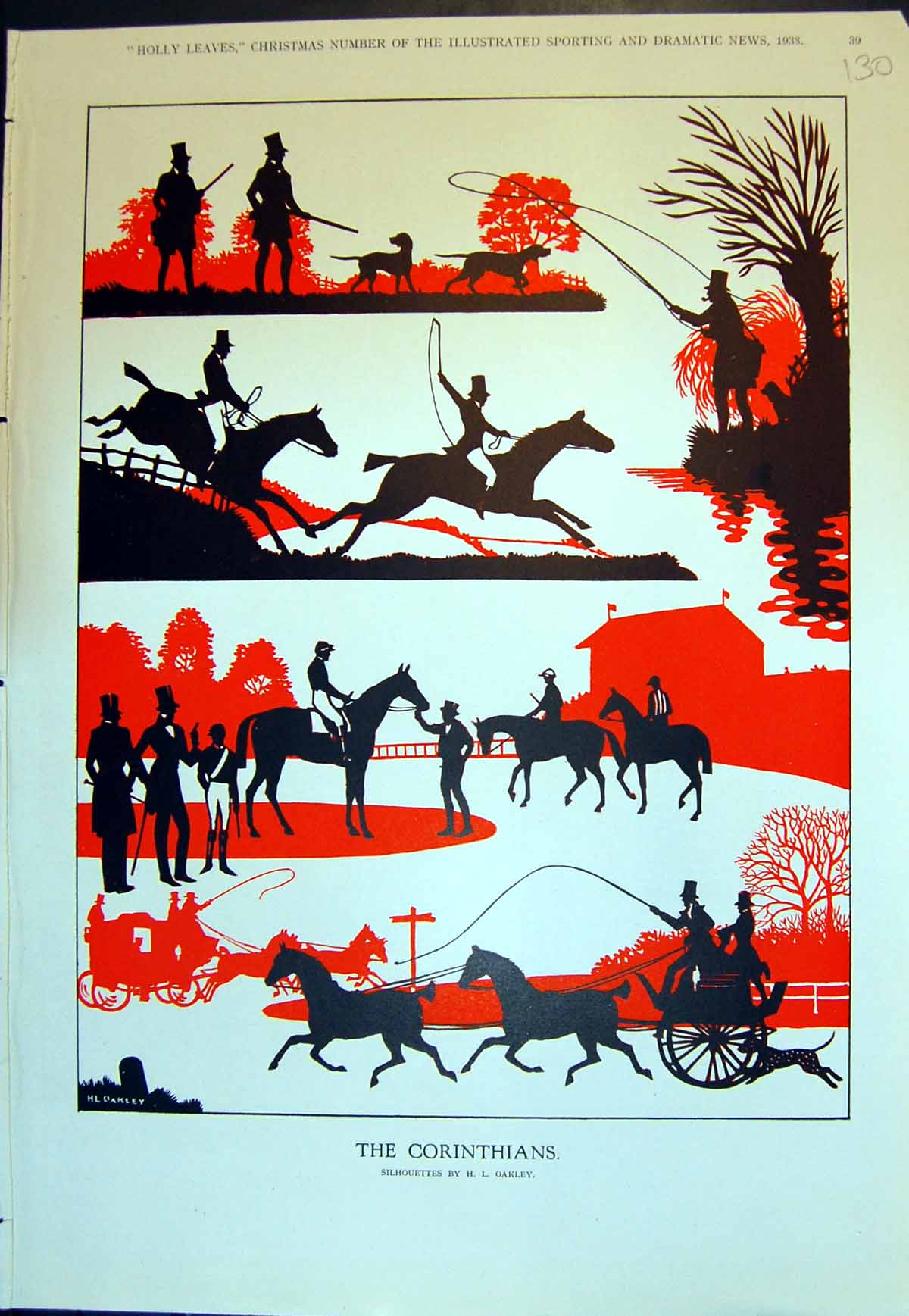 Antique Old Print Corinthians Silhouettes H L Oakley Horses Riders Dogs 1938
