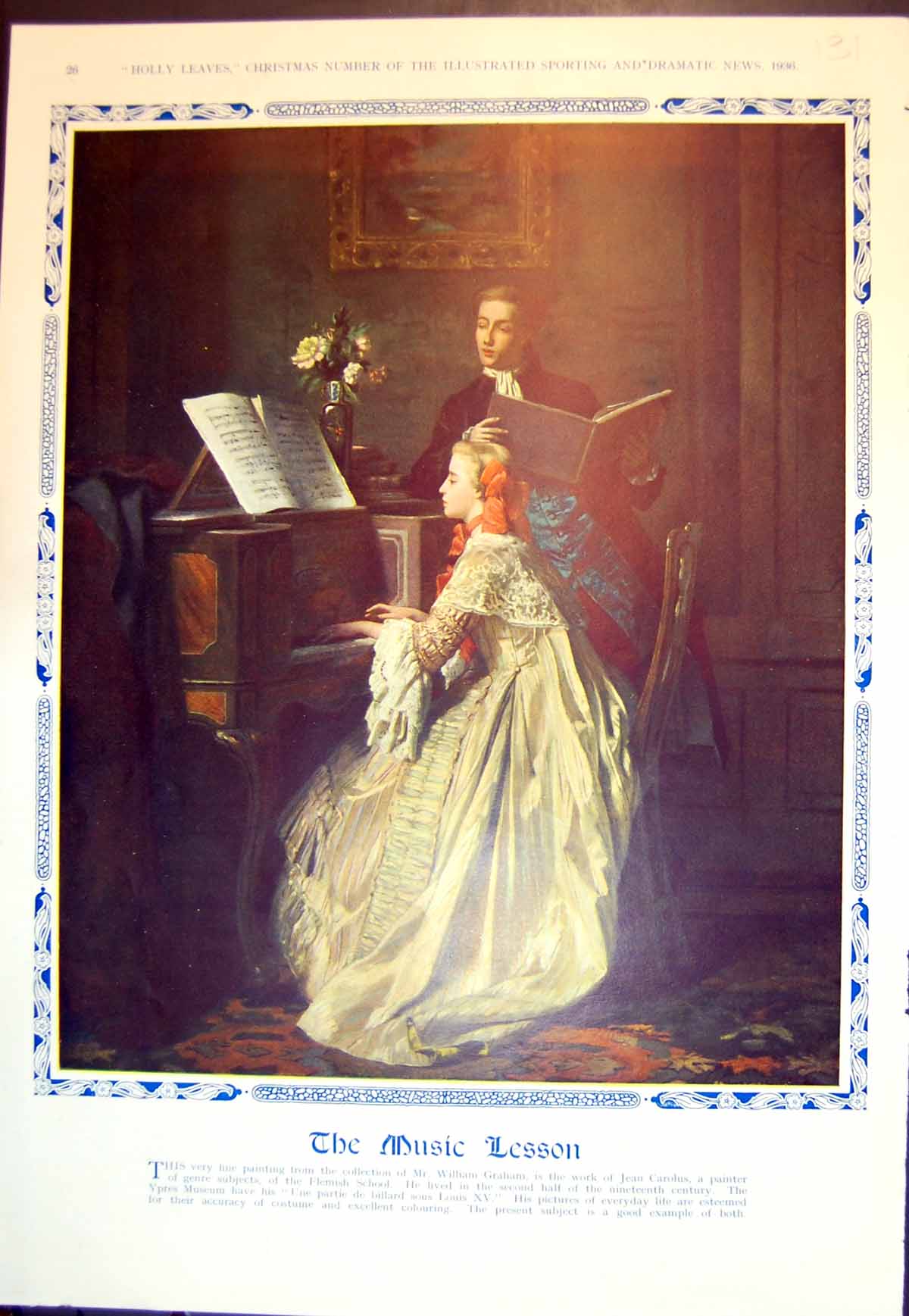 Antique Old Print Music Lesson Painting Jean Carolus Young Woman Piano 1936