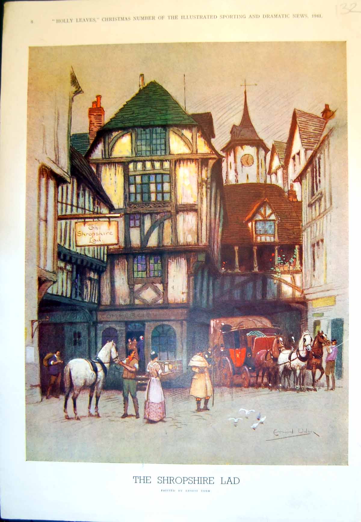 Old Print Shropshire Lad Ernest Uden Public House Busy Street Horses 1941 20th