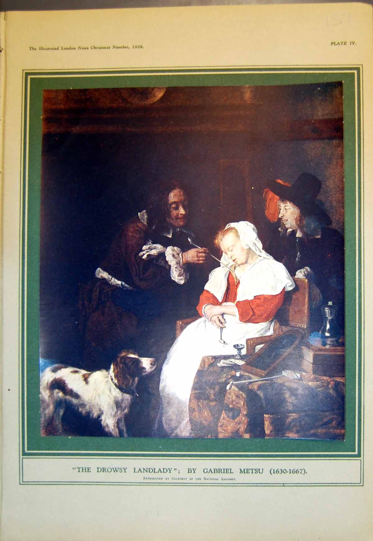 Antique Old Print Drowsy Landlady Gabriel Metsu Woman Sleeping Chair Dog 1939