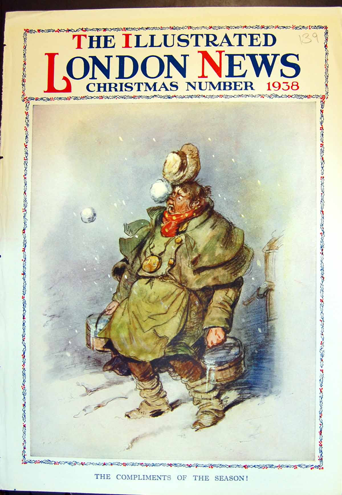 Old Print Compliments Season Snowballs Hit Portly Man Carrying Water 1938 20th
