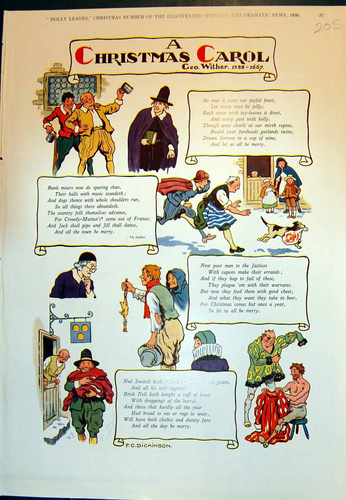 Antique Print Christmas Carol Verses Dickinson Sunbeam Talbot Ten Car 1938 20th