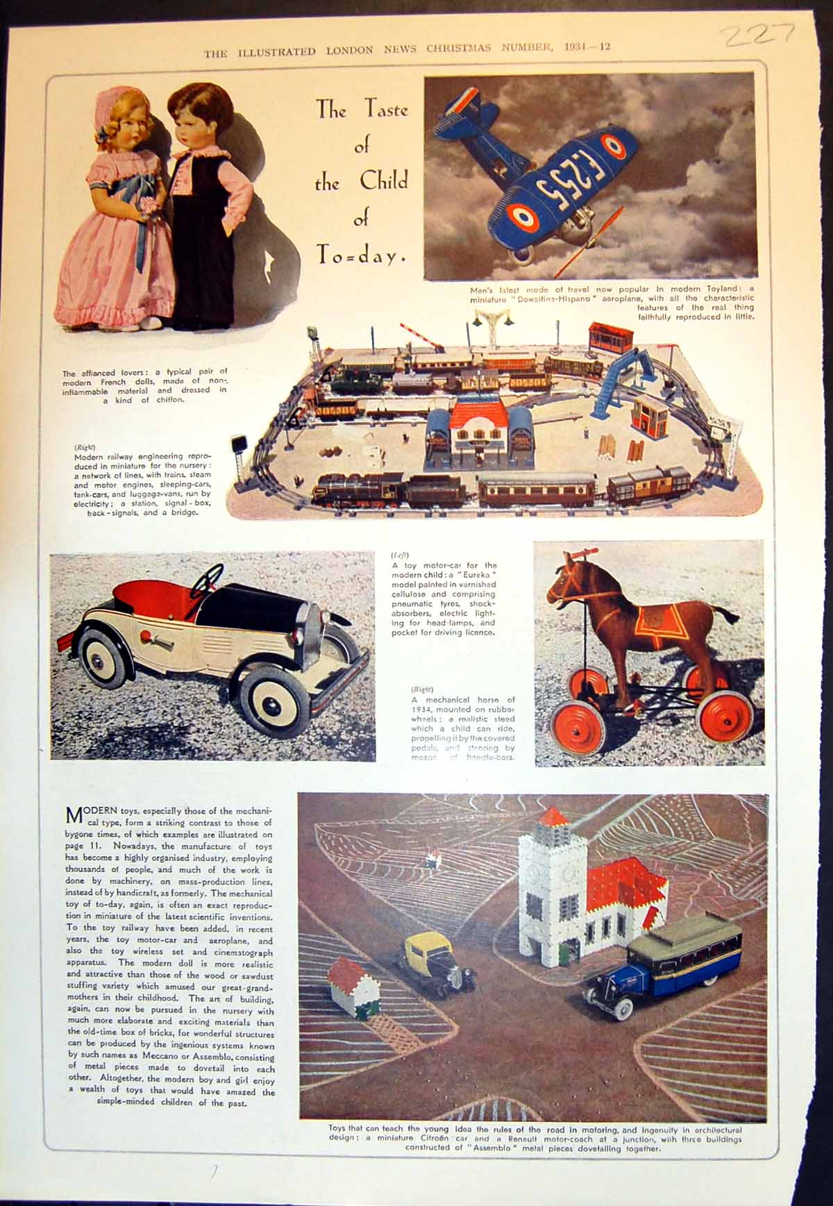 Old Print Taste Child Today Yesteryear French Dolls Railway Dogcart 1934 20th