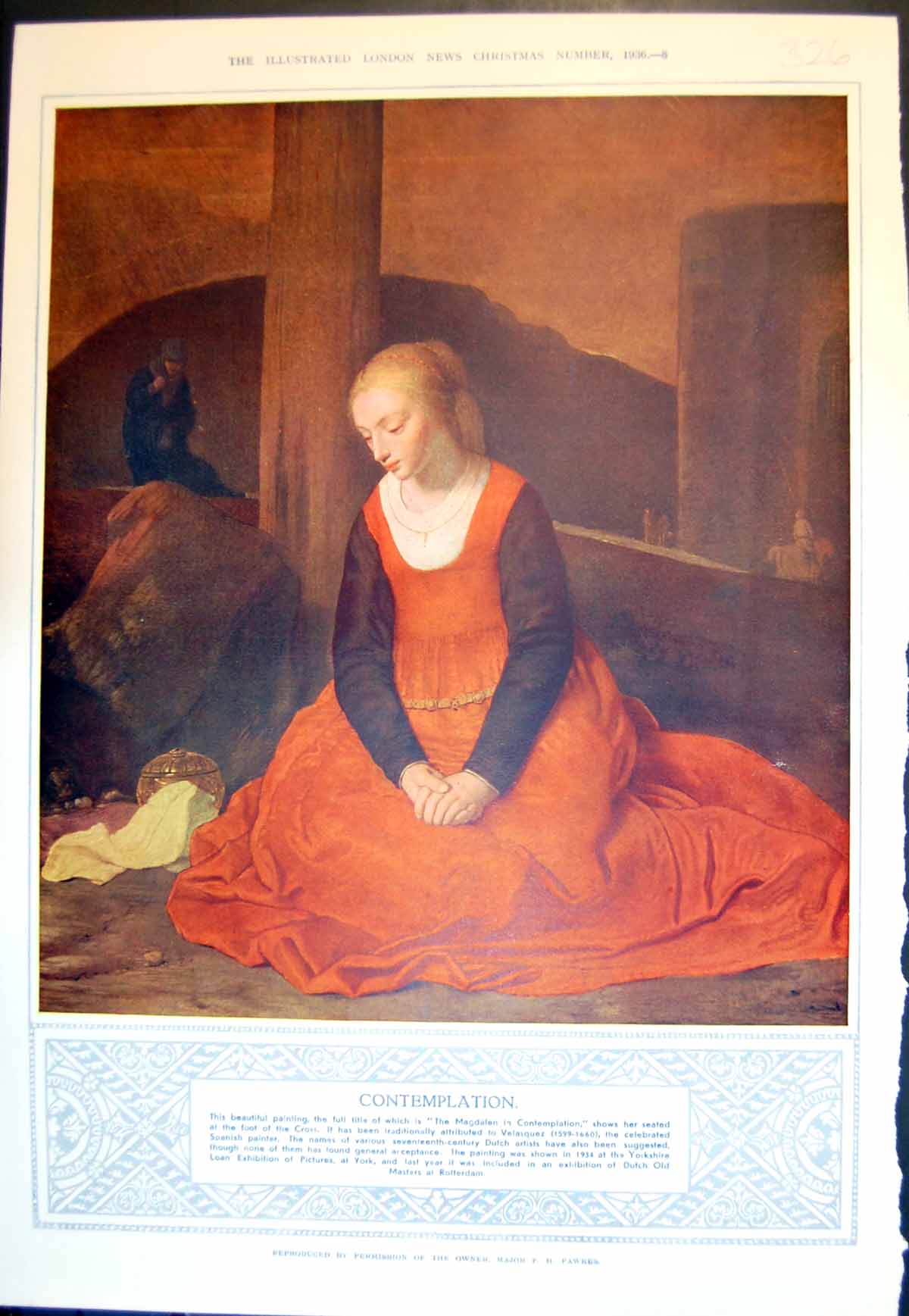 Antique Old Print Magdalen Contemplation Foot Cross Ballad Bygone Ladies 1936