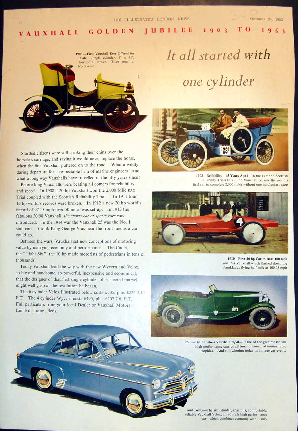Antique Print Vauxhall Gen Jubilee 1903 1953 Hillman Minx Californian 1953 20th