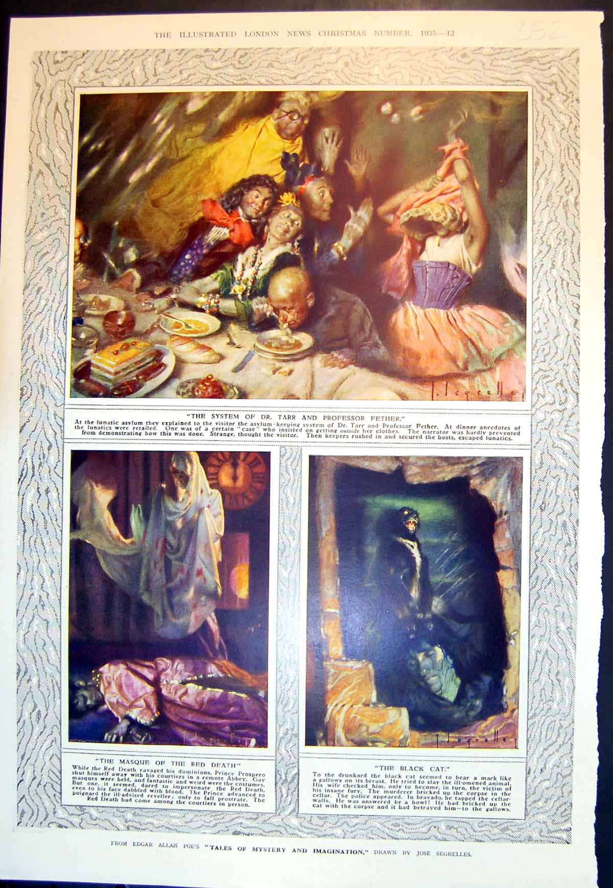 Antique Old Print Mystery Imagination Black Cat Masque Red Death GBug 1935 20th
