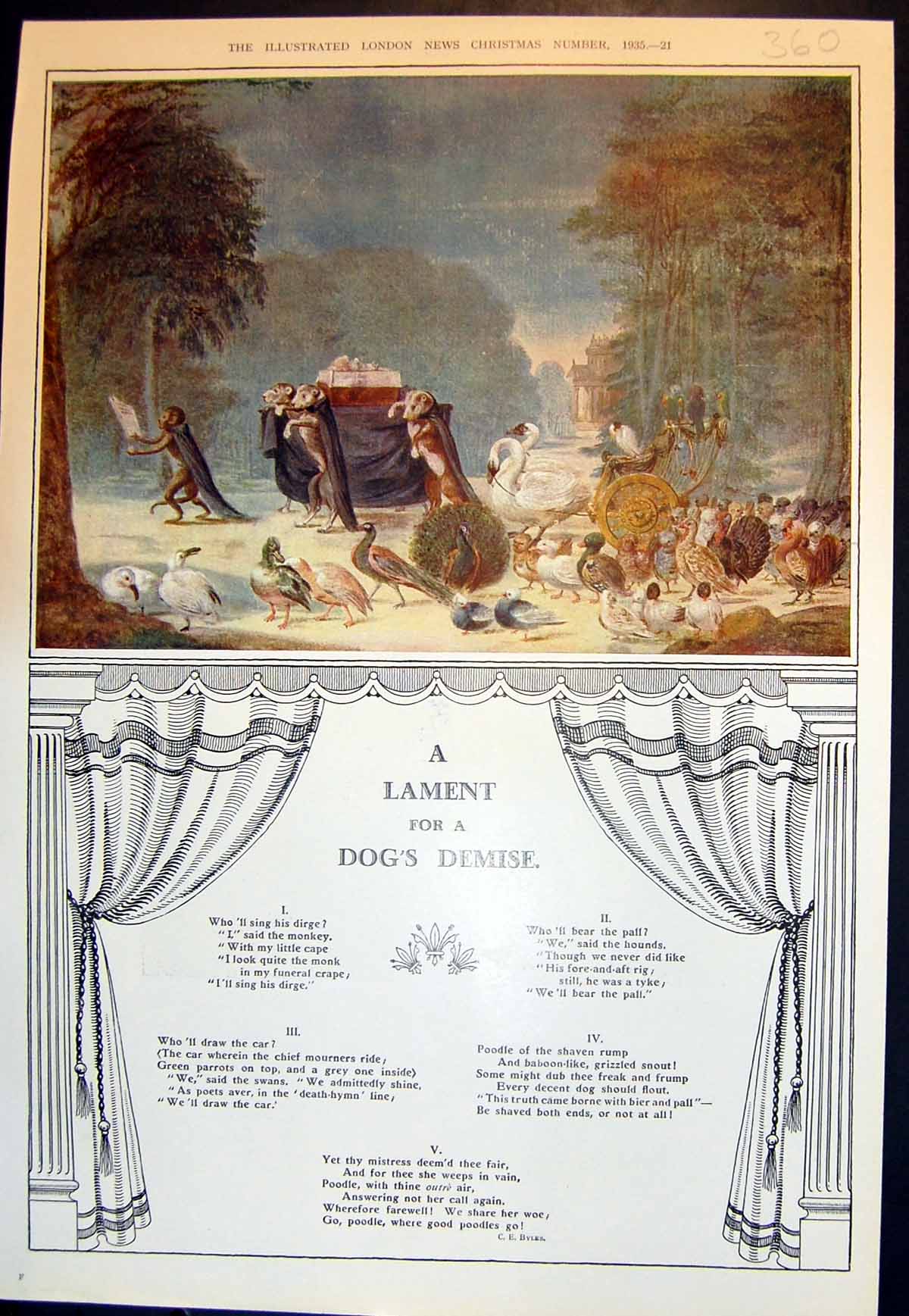 Old Print Lament Dogs Demise C Byles St Giles Protecting Hunted Hind 1935 20th