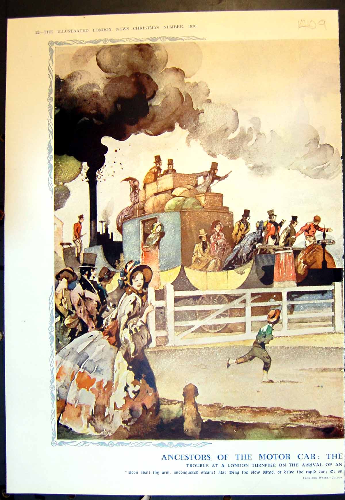 Antique Old Print Ancestors Motor Car Steam Carriages Take Road 1936Pages