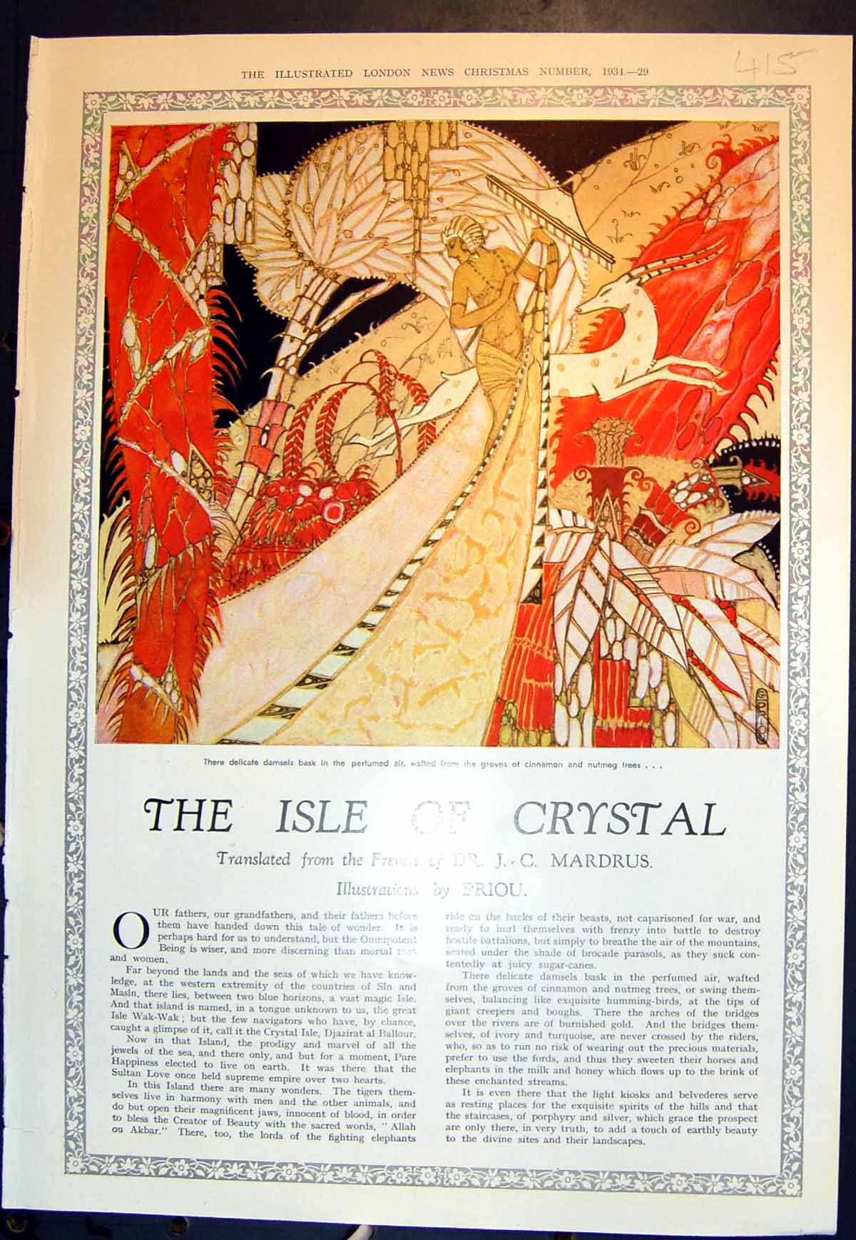 Old Print Isle Crystal Priou Three Damsels Fighting Elephants 1934 2Pages 20th