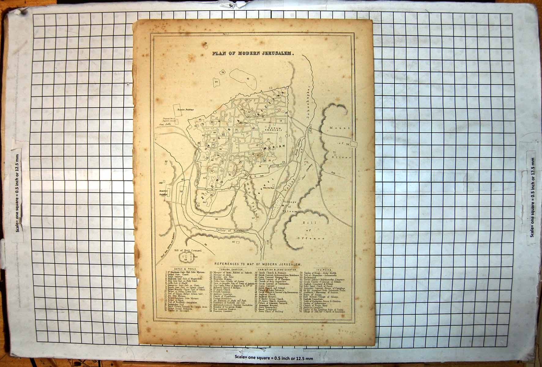 Antique Old Print Plan Modern Jerusalem Akra Bezetha Moriah Zion Annotated