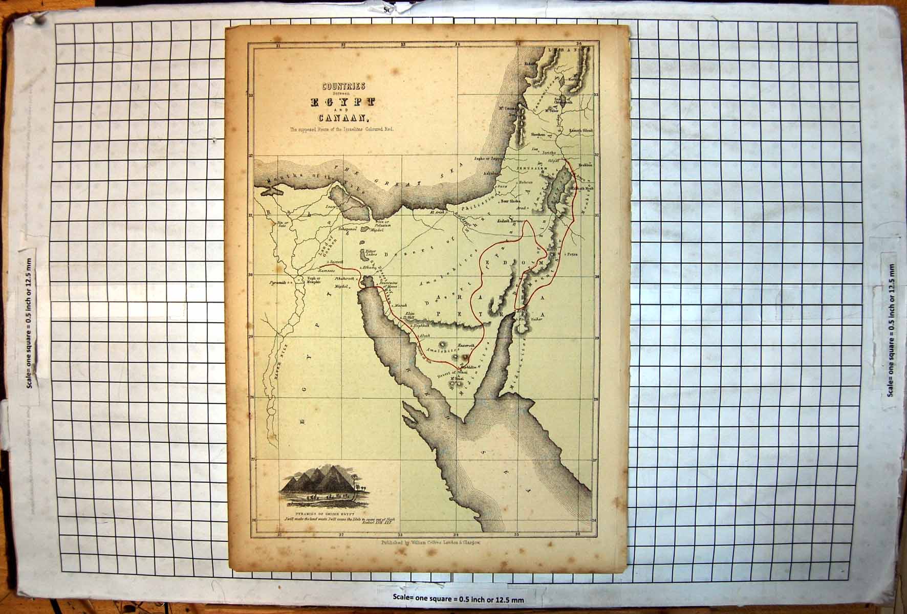 Antique Old Print Countries Between Egypt And Canaan Map Desert Amalekites