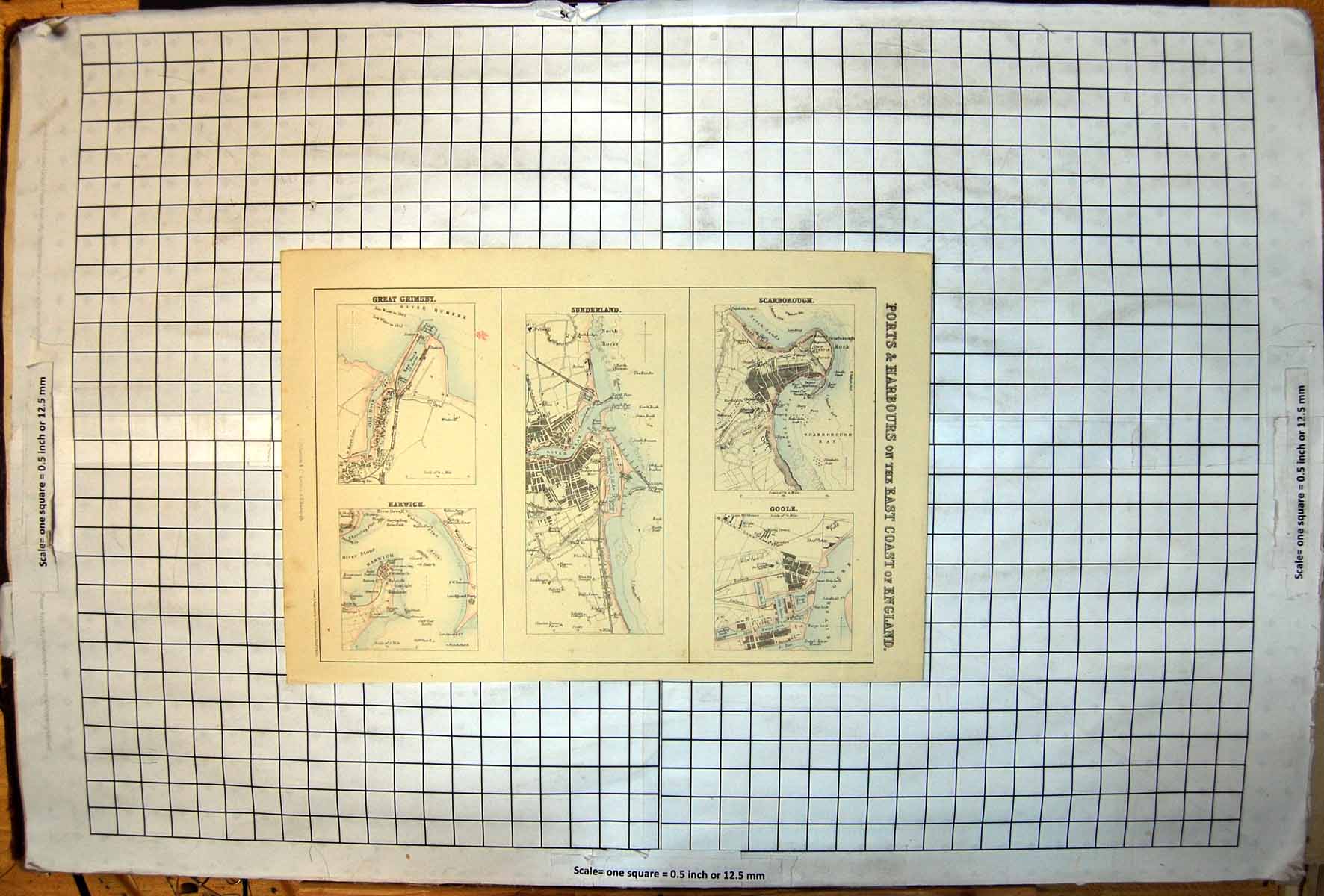 Antique Print Ports Harbours E Coast England Grimsby Harwich Sunderland Map