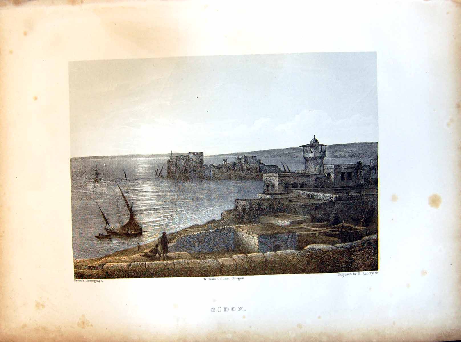 Old Print Sidon Engraved E Radclyffe Harbour Sailing Boats Fortification