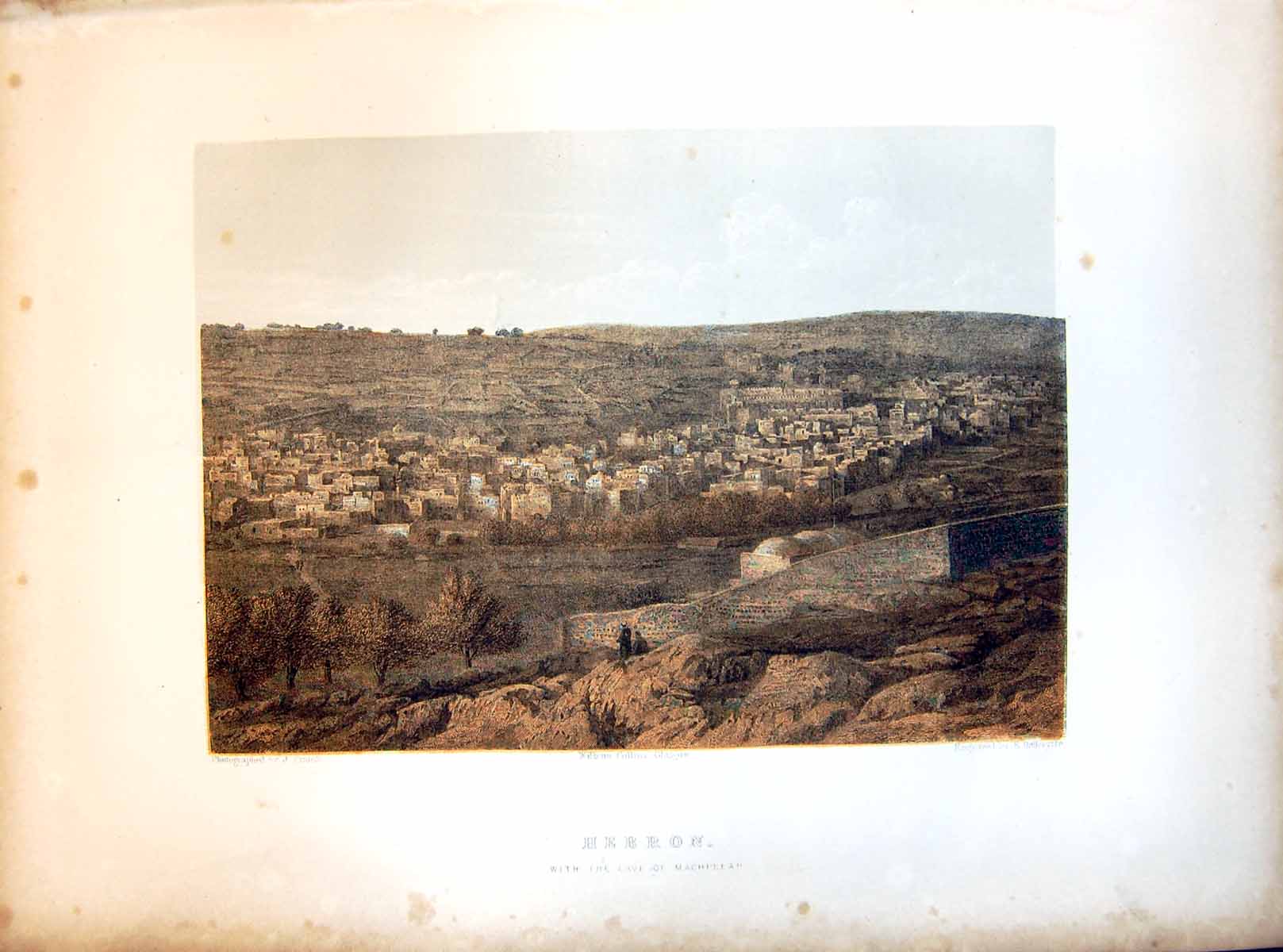 Old Print Hebron Engraved E Radclyffe Buildings Hillside Cave Walls Trees