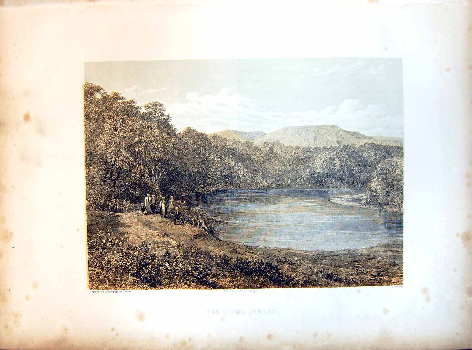 Antique Print The River Jordan Calm Relections Trees People Woodland Banks