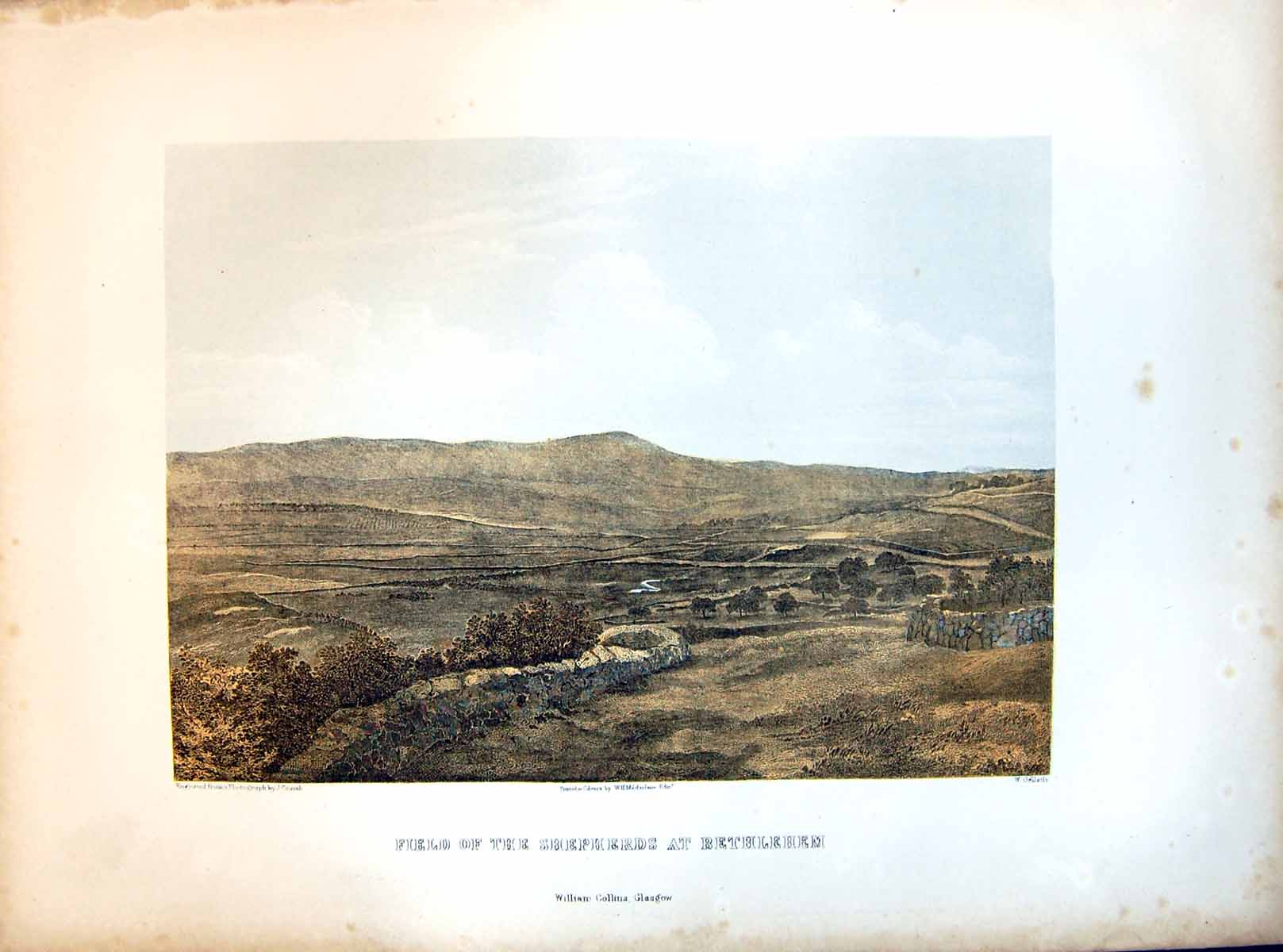 Antique Old Print Feild Shepherds Bethlehem Engravedw Gellatly Walls Shrubs