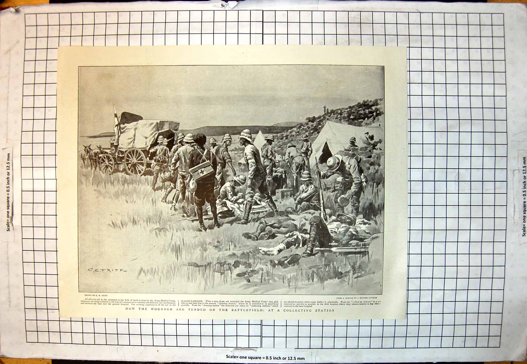 Old Print How Wounded Tended Battlefield Collecting Station C Fripp 1900 20th