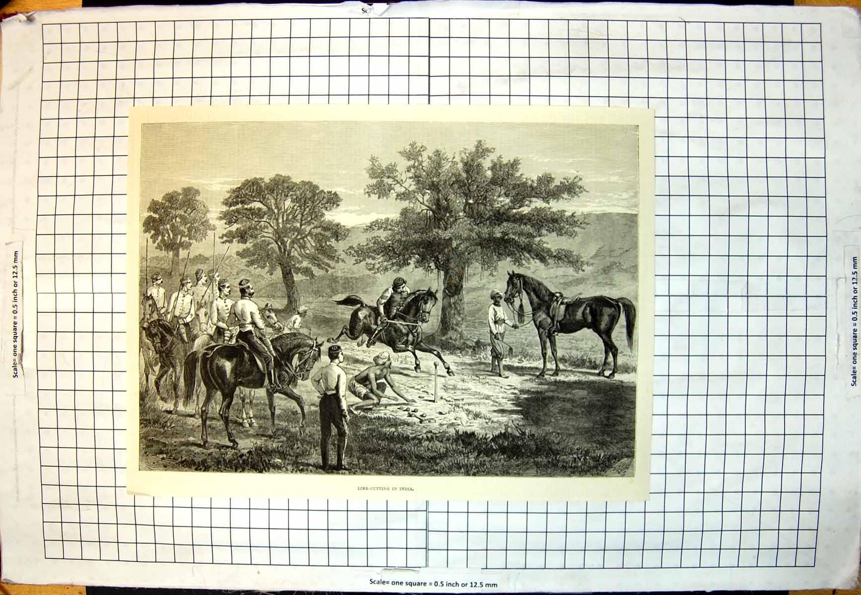 Antique Old Print Lime Cutting India Siers Horseback Swords Lime Stick 1885