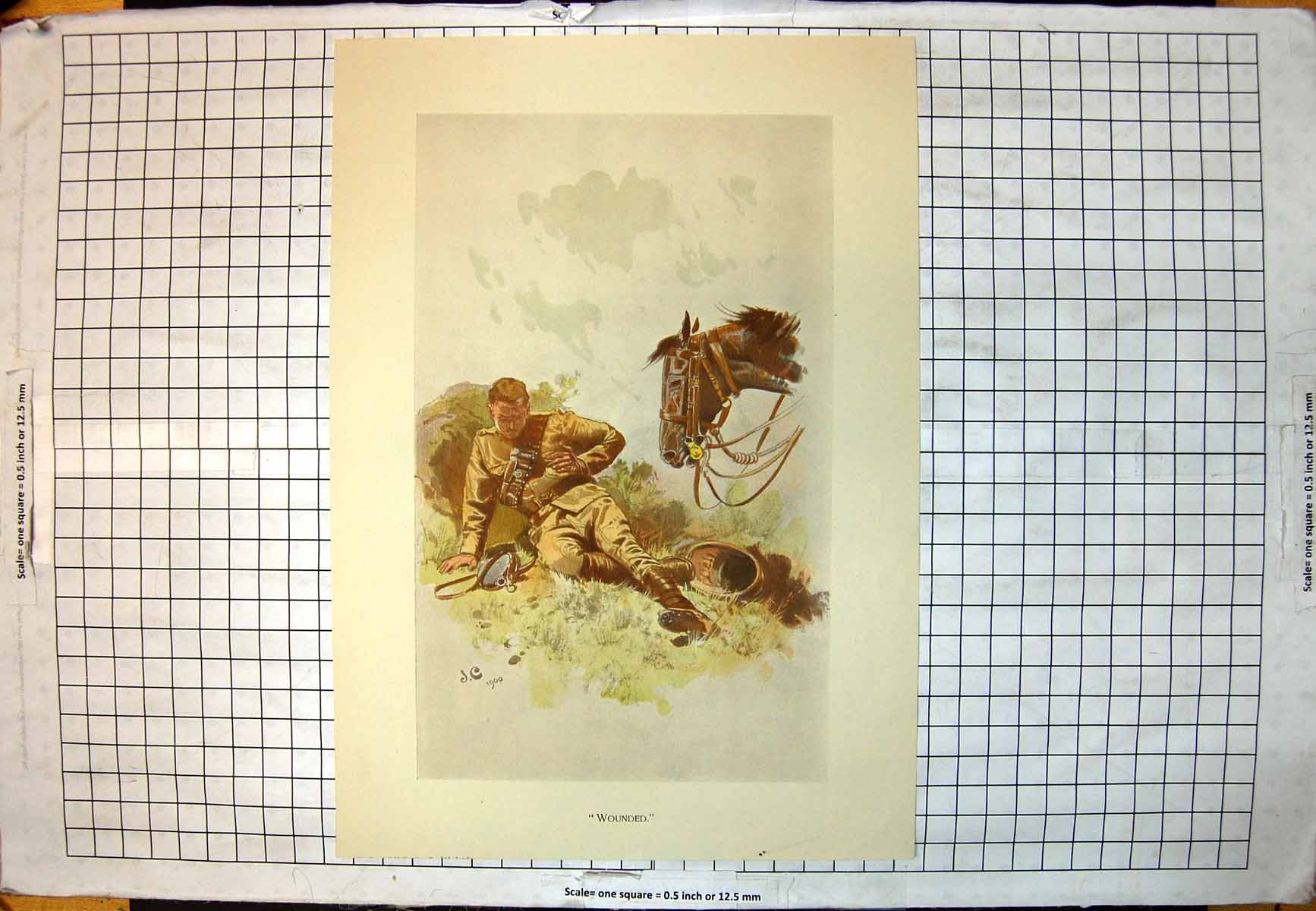 Old Antique Print Wounded J C 1900 Sier Lies Wounded Chest Horse Looks On 20th