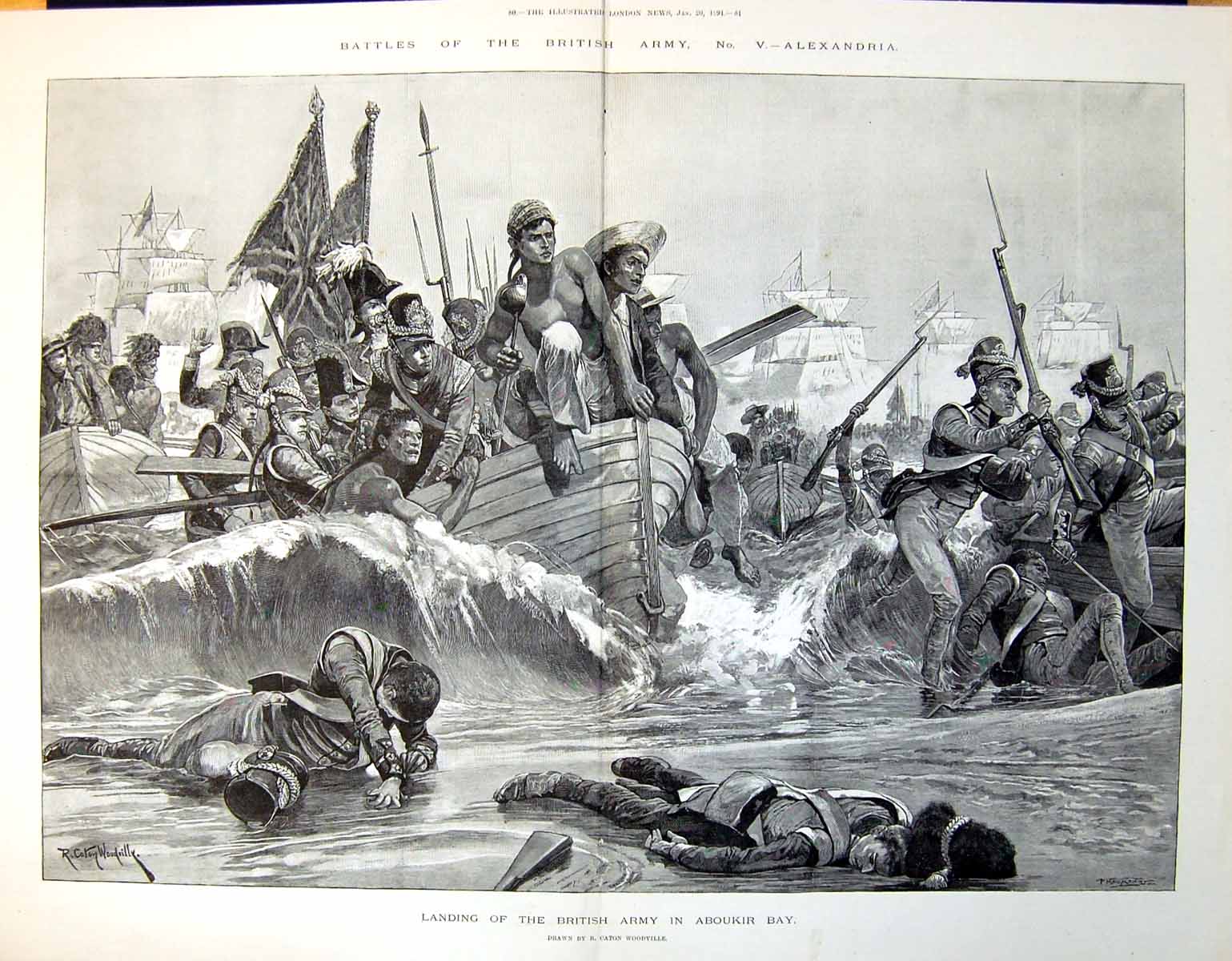 Old Print Battle Alexandria Landing British Army Aboukir Bay R C Woodville1894