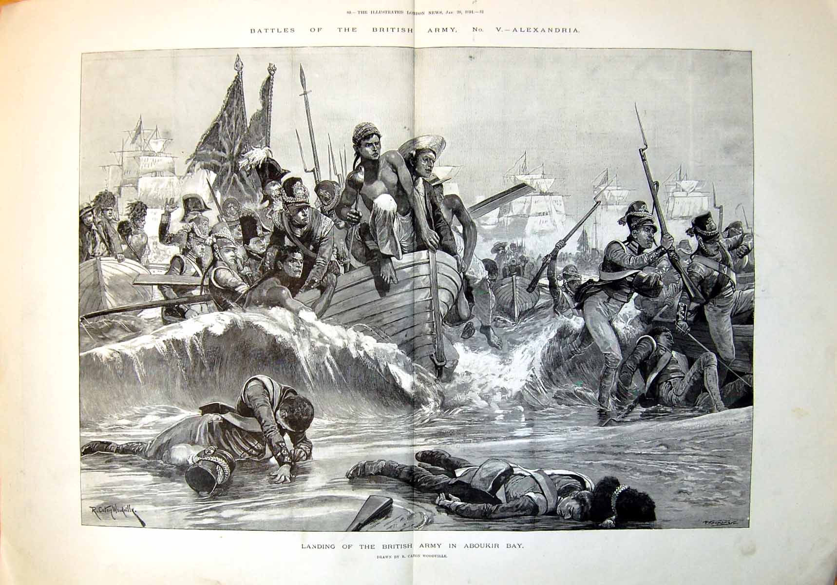 Old Print Landing British Army Aboukir Bay Battle Alexandria R C Woodville1894