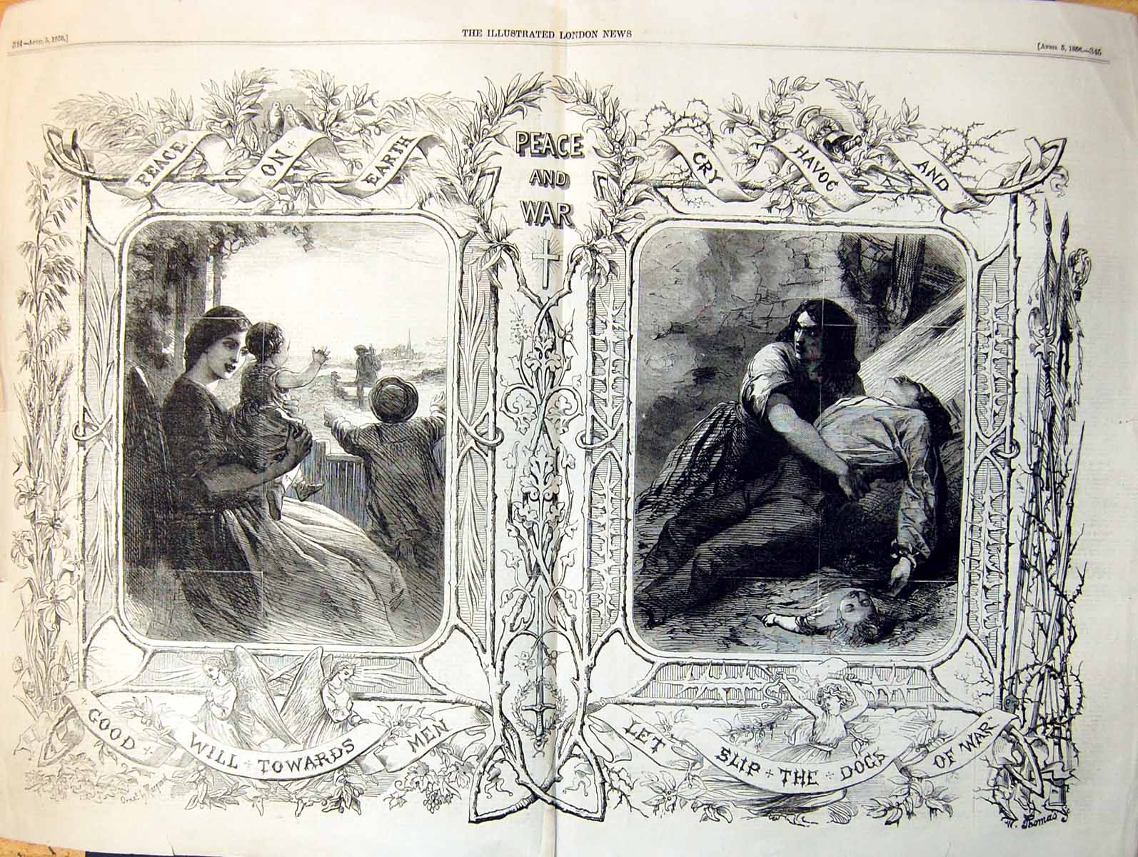 Old Antique Print Peace War Good Will Towards Men Let Slip Dogs War 1856 19th