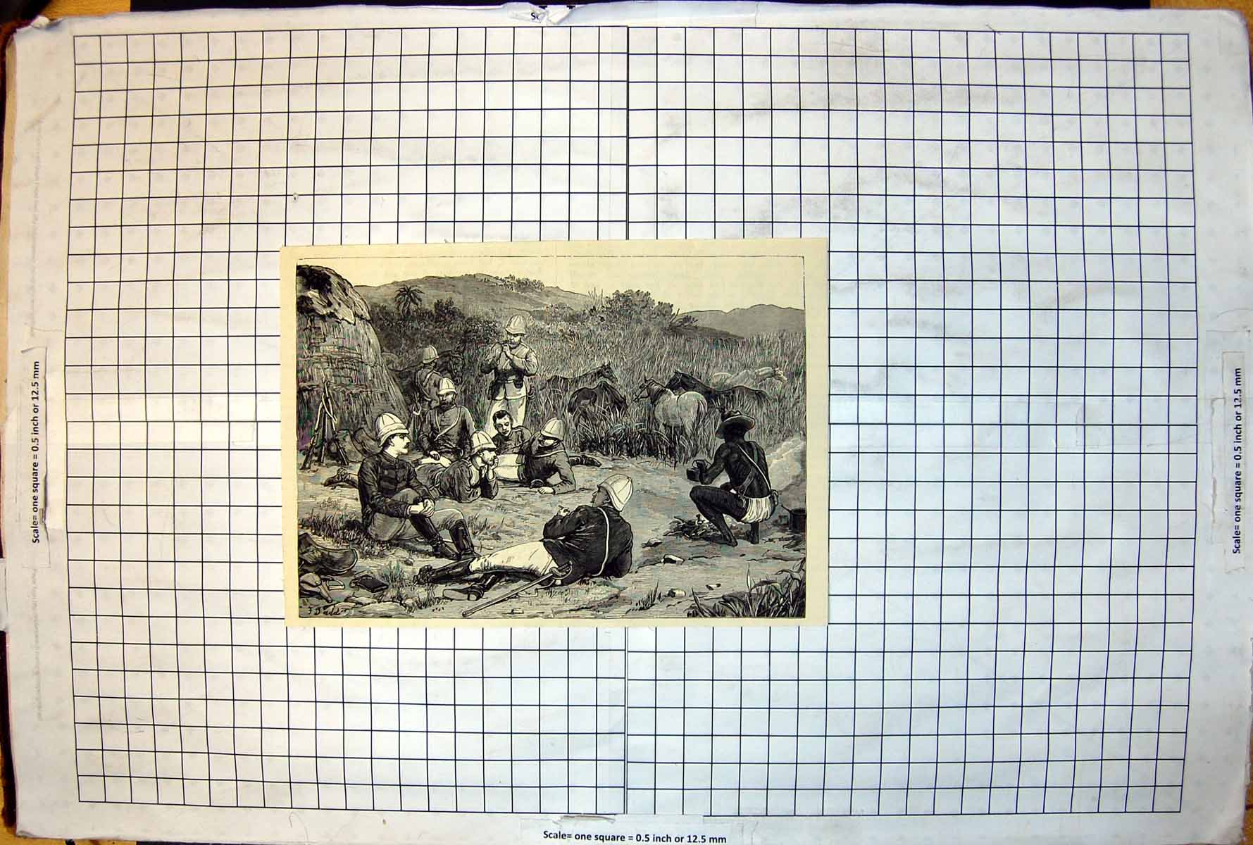 Old Print Military Riflemen Resting African Hut Horses Grazing Grass 1879 19th