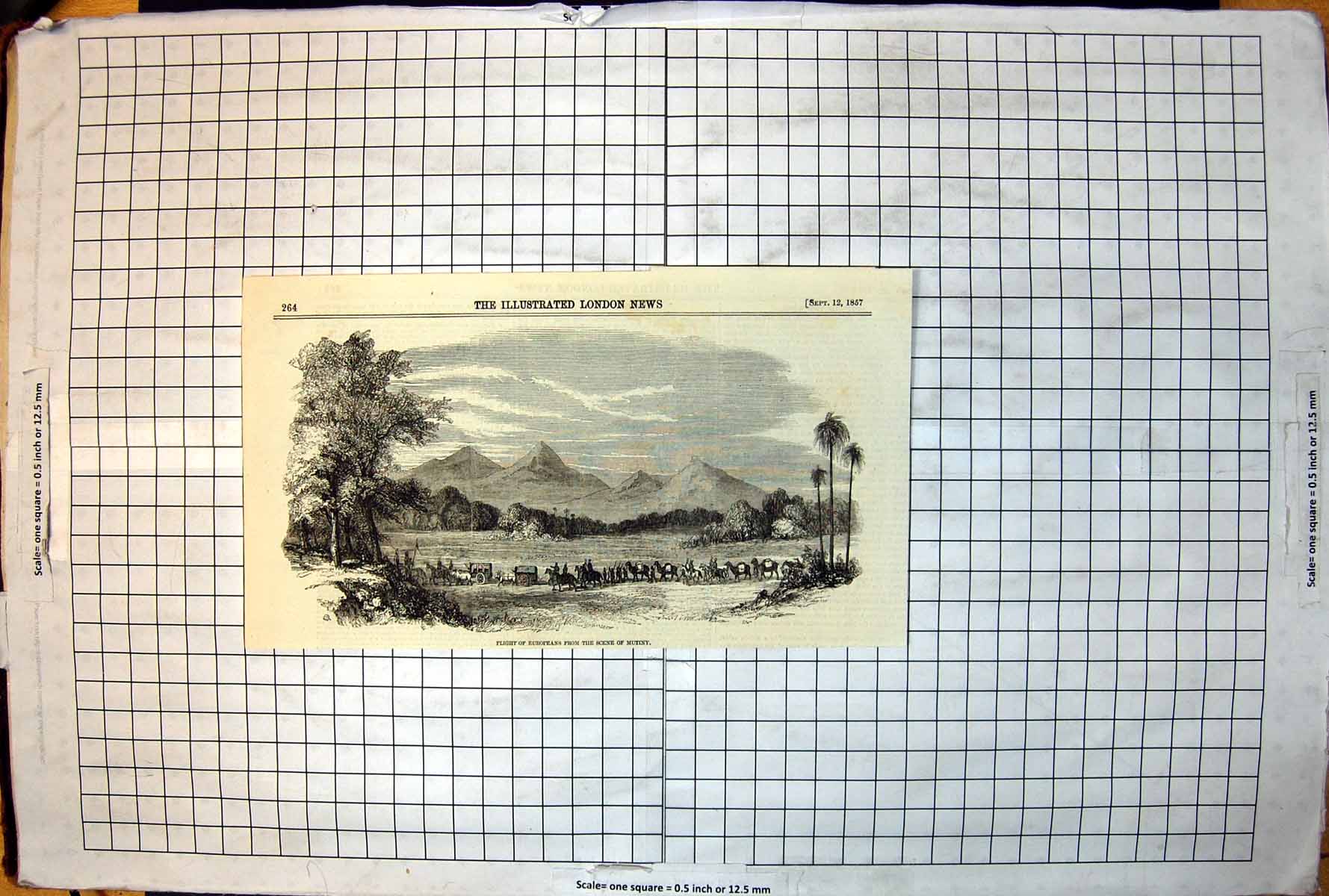 Antique Old Print Flight Europeans From Scene Mutiny Wagons Horses Hills 1857