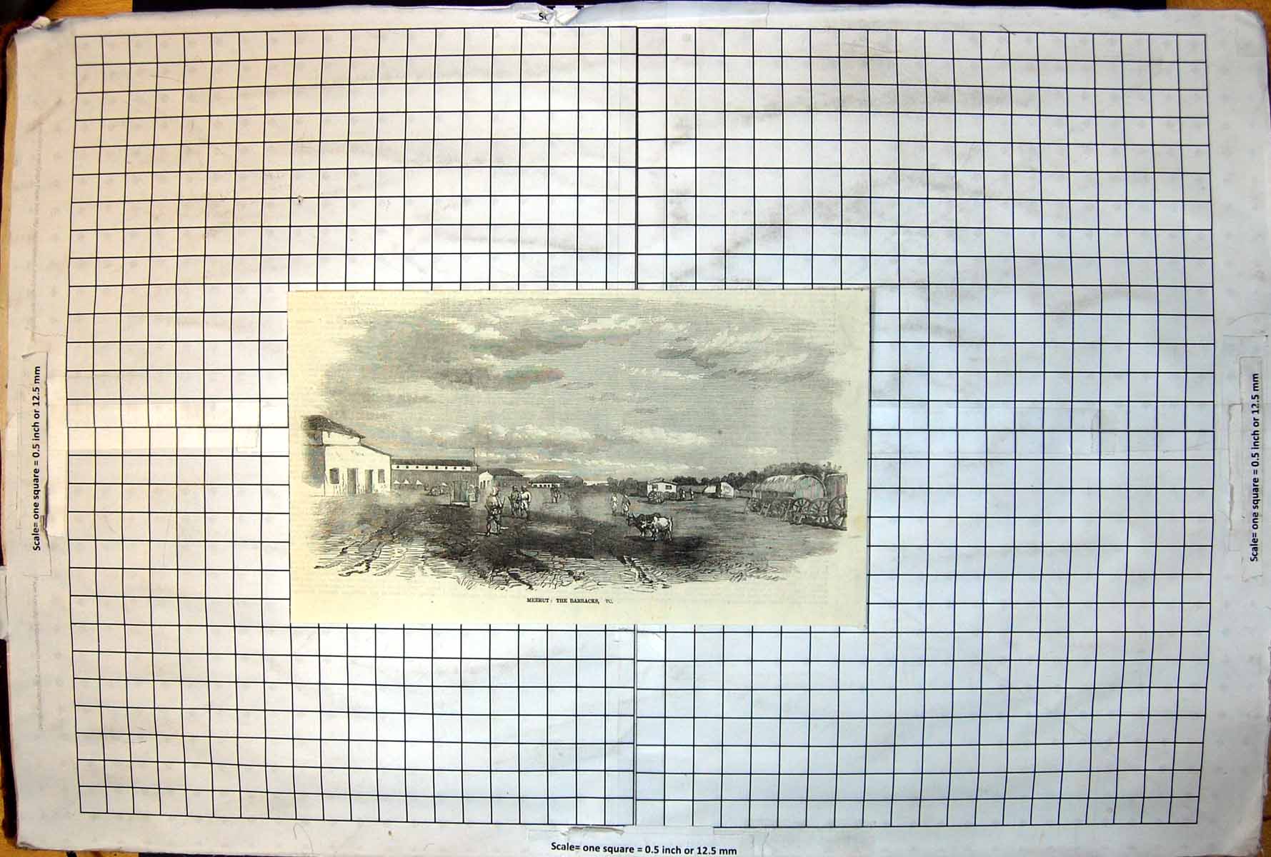 Antique Old Print Meerut The Barracks Buildings Open Ground Wagon Oxen 1857