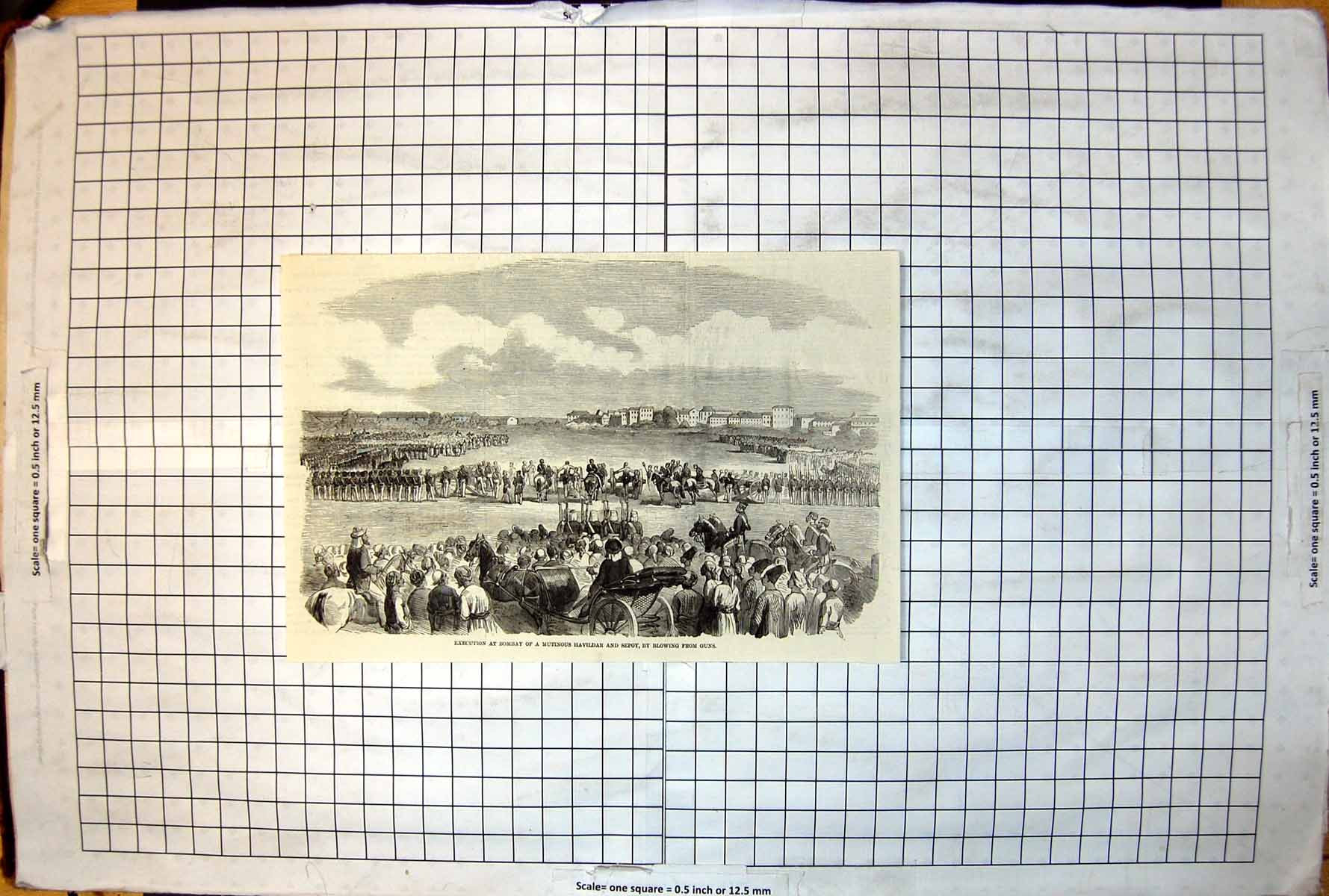Old Print Execution Bombay Mutinous Sepoy Havildar Blowing From Guns 1857 19th