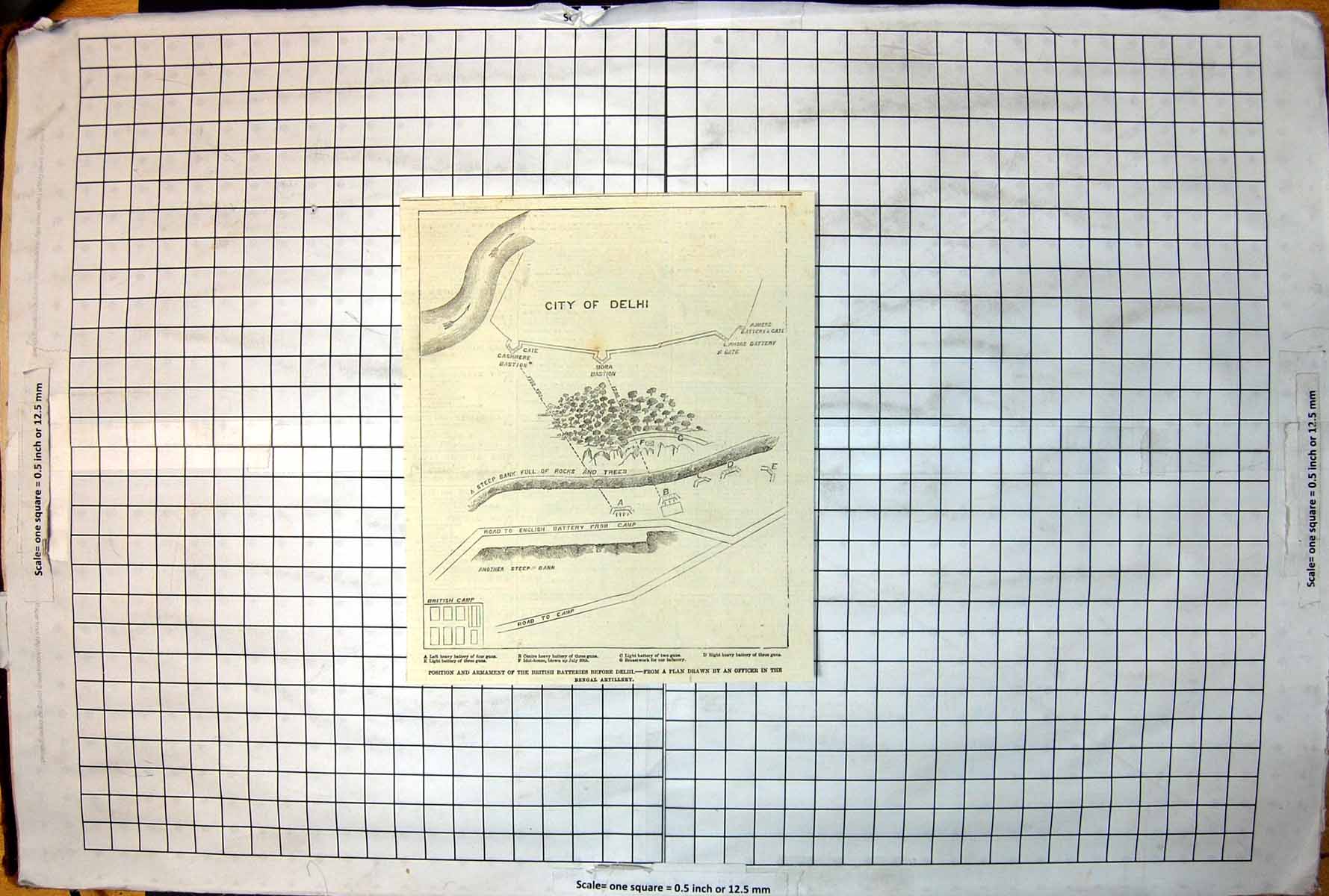 Old Print Position Armament British Batteries Before Delhi Camp Map 1851 19th