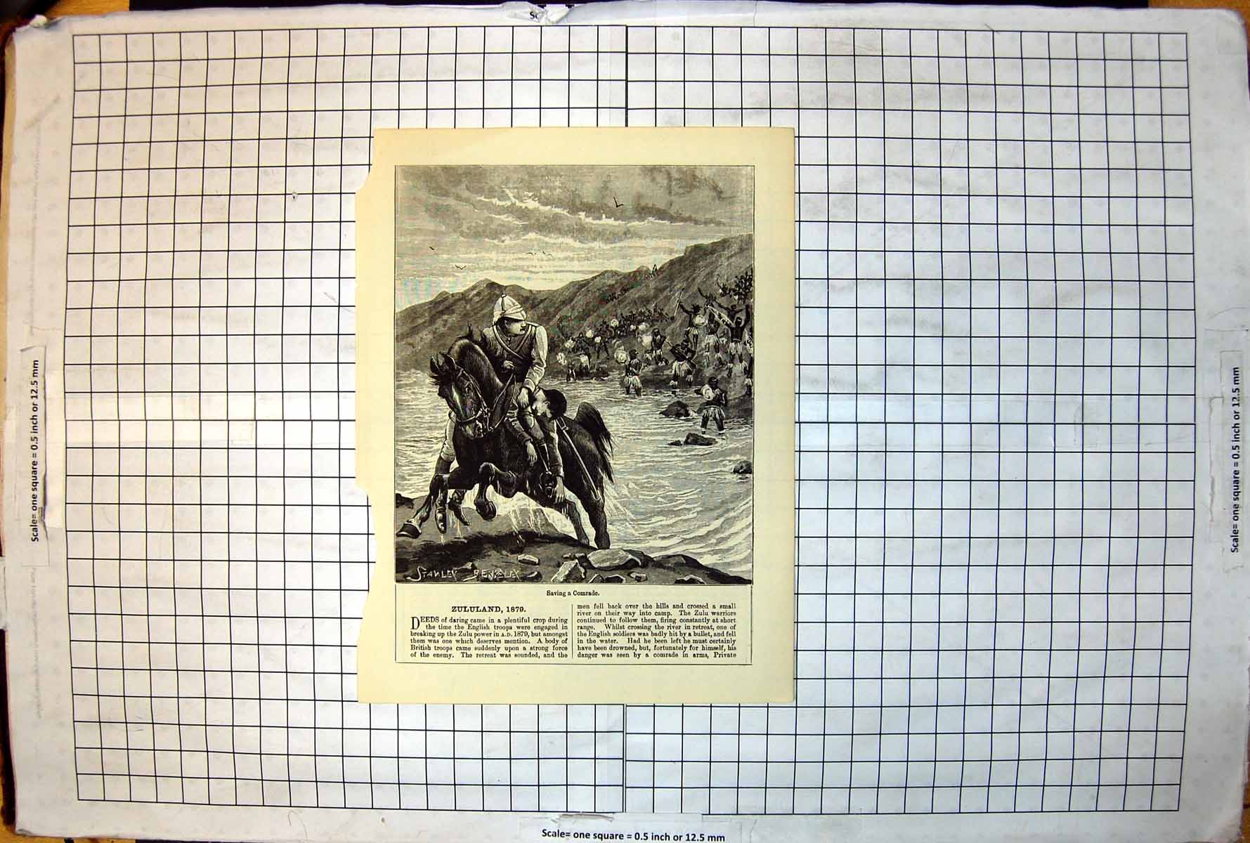 Old Print Zululand Saving Comrade Crossing River Horseback Berkeley 1899 19th