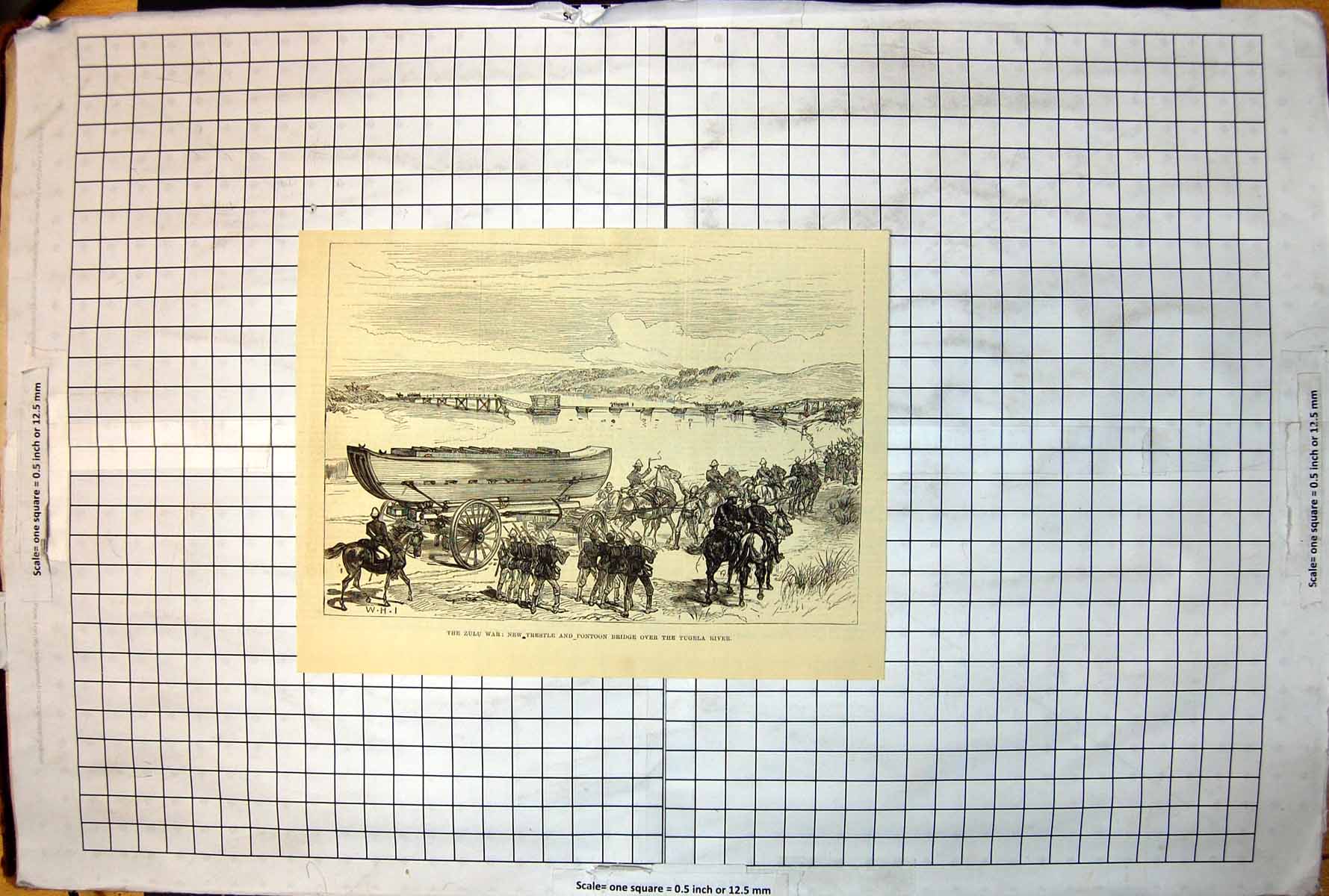 Antique Old Print Zulu War New Trestle Pontoon Bridge Over Tulega River 1879