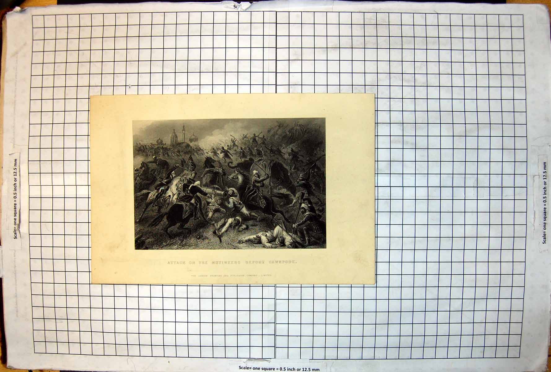 Antique Old Print Attack Mutineers Before Cawnpore Elephant Horses Fighting