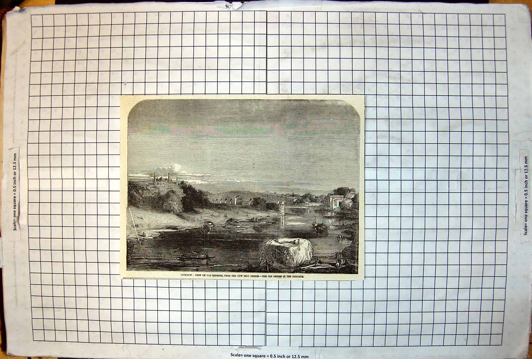 Old Antique Print Lucknow View Goomtee Iron Bridge Buildings Boats 1857 19th