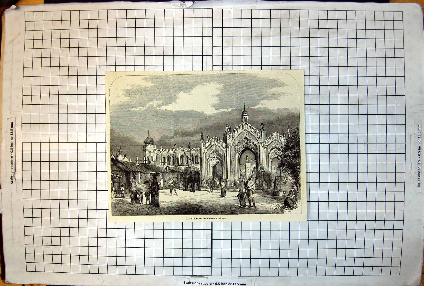 Antique Old Print Gateway Lucknow Ornate Arches Elephant People Baskets 1857