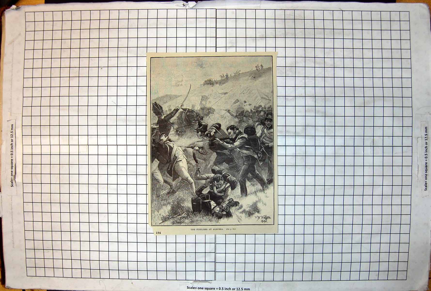 Antique Old Print Fusiliers Albuera Battle Scene Horses Riflemen Hillslope