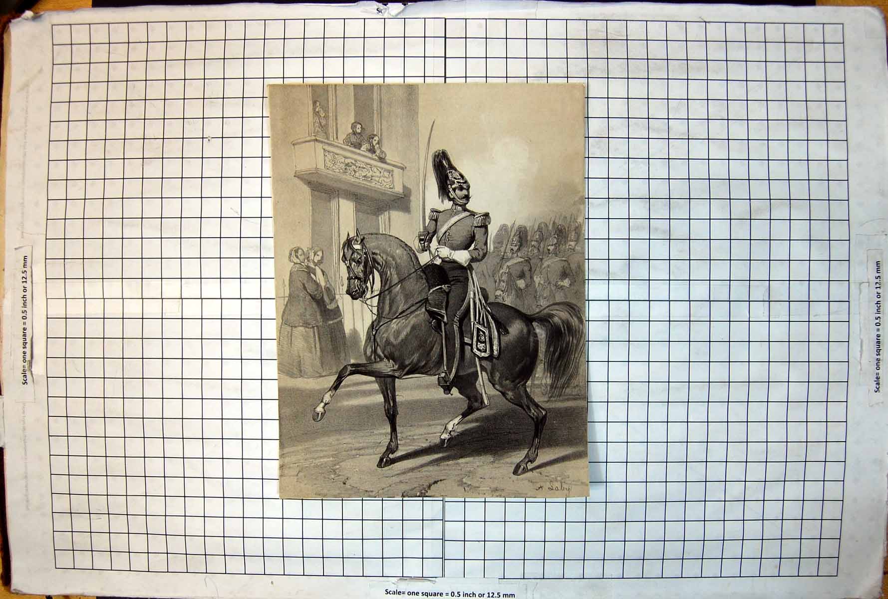 Antique Old Print Sier Epaulettes Horseback Stepping Leading Troops Street