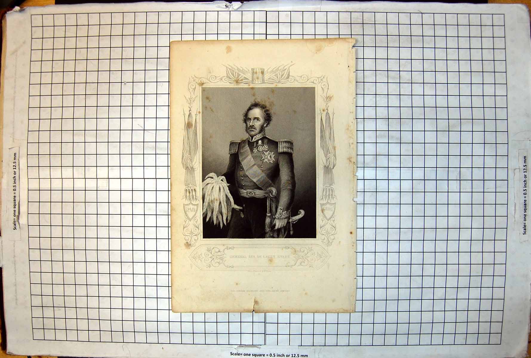 Antique Old Print General Sir De Lacey Evans Drawn Engraved Dj Pound Feathers