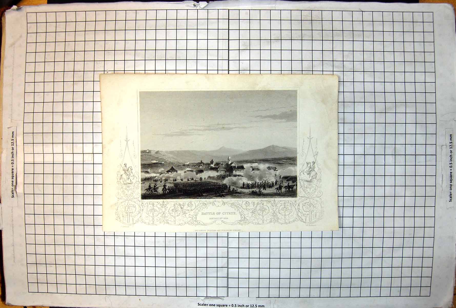 Old Print Battle Citate January 6Th 1854 Troops Gunfire Buildings C 1885