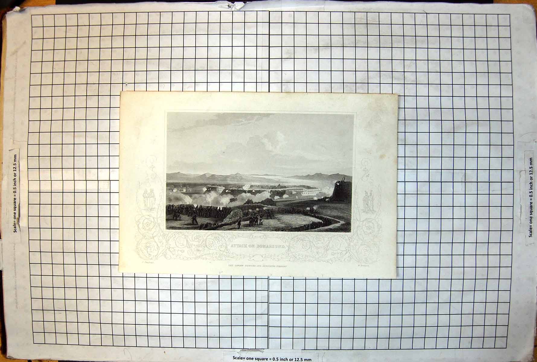 Antique Old Print Attack On Bomarsund Men Entrenched Gunfire Ships Bay C 1885
