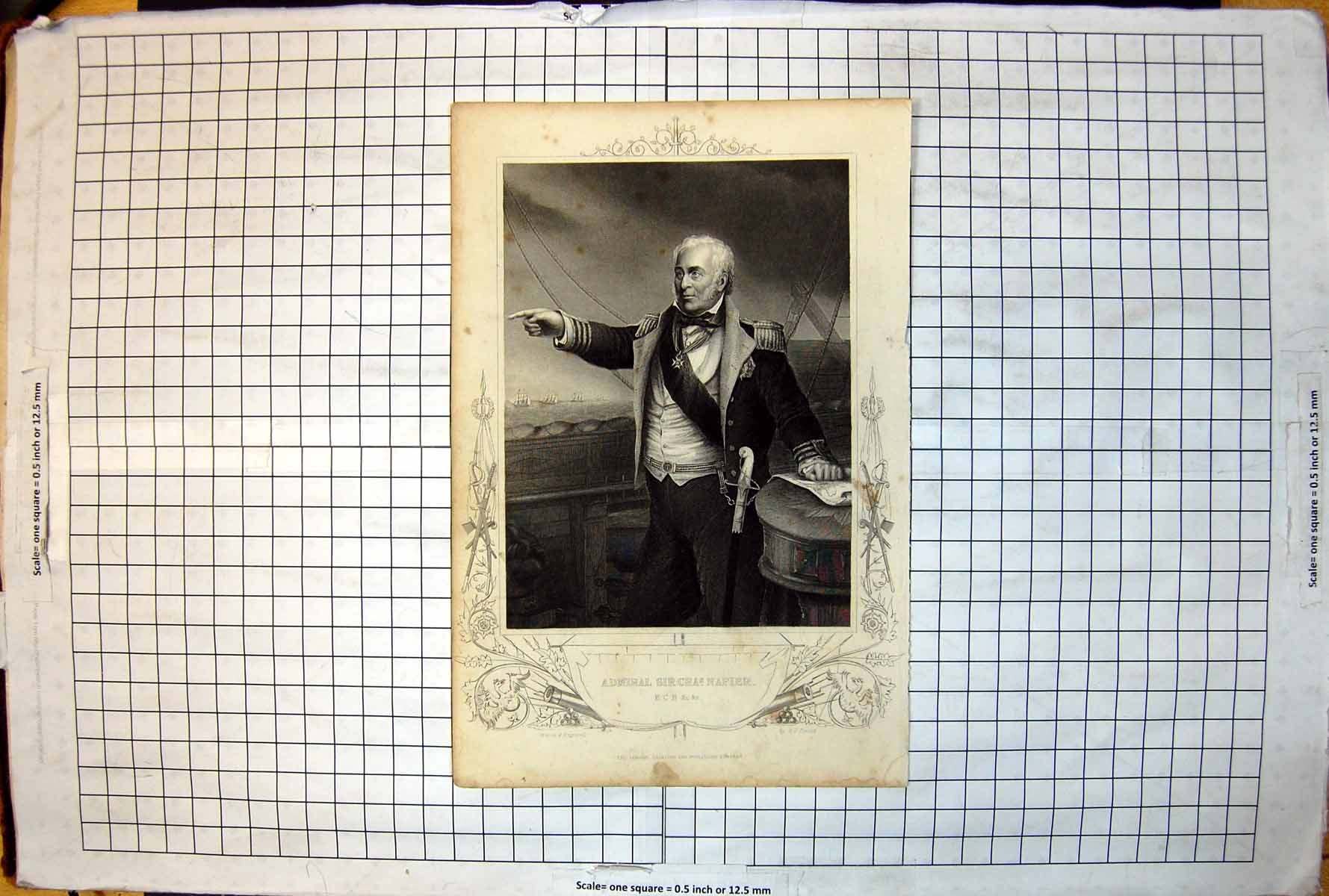 Antique Old Print Admiral Sir Charles Napier Drawn Engraved Dj Pound Ships
